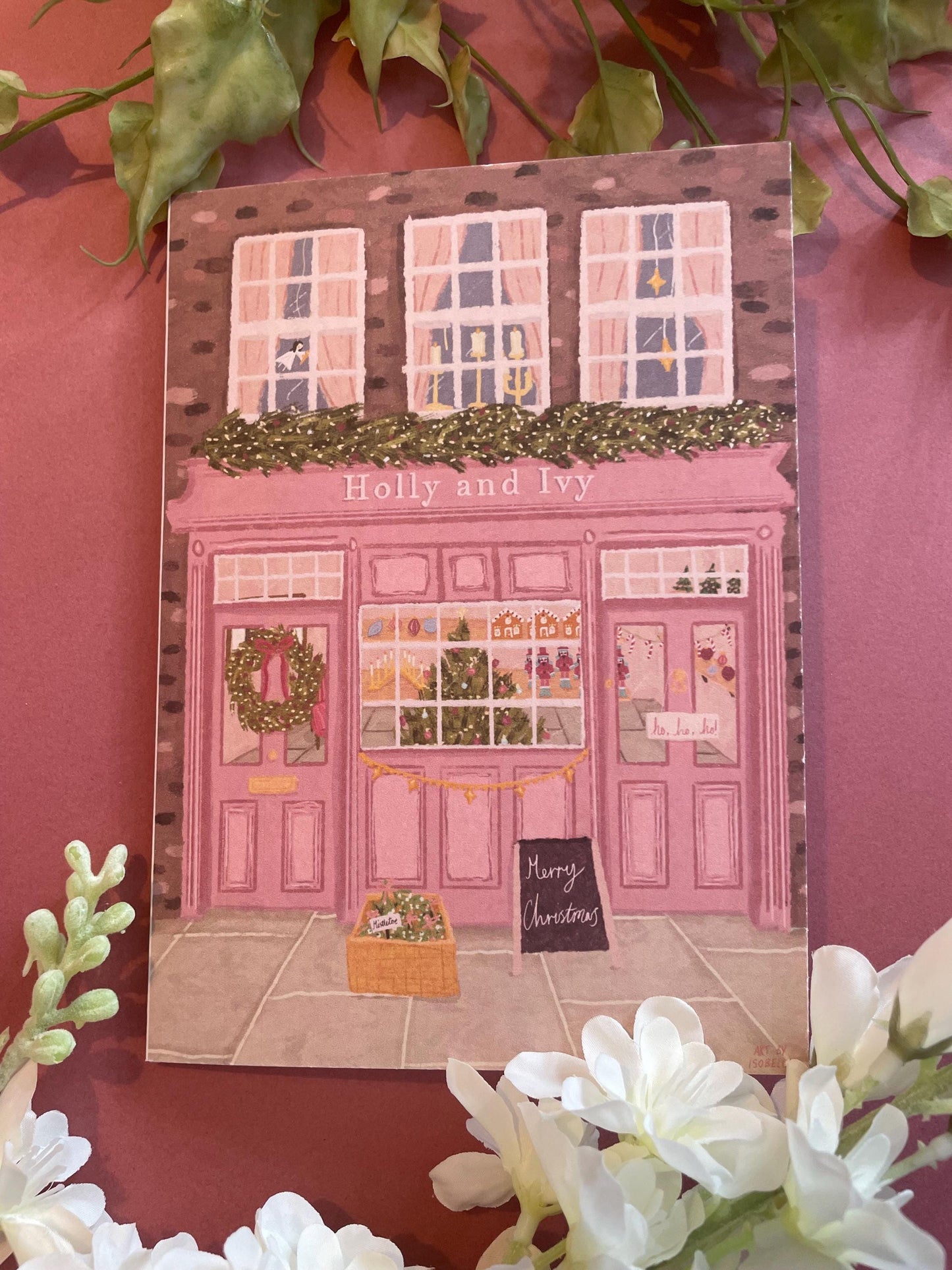 Christmas Card Pack Of 10, Twin Pack, Book Shop Card 5x7inch, Xmas Card, Pink Christmas Greeting Card, Christmas Tree Card, Book Lover Card