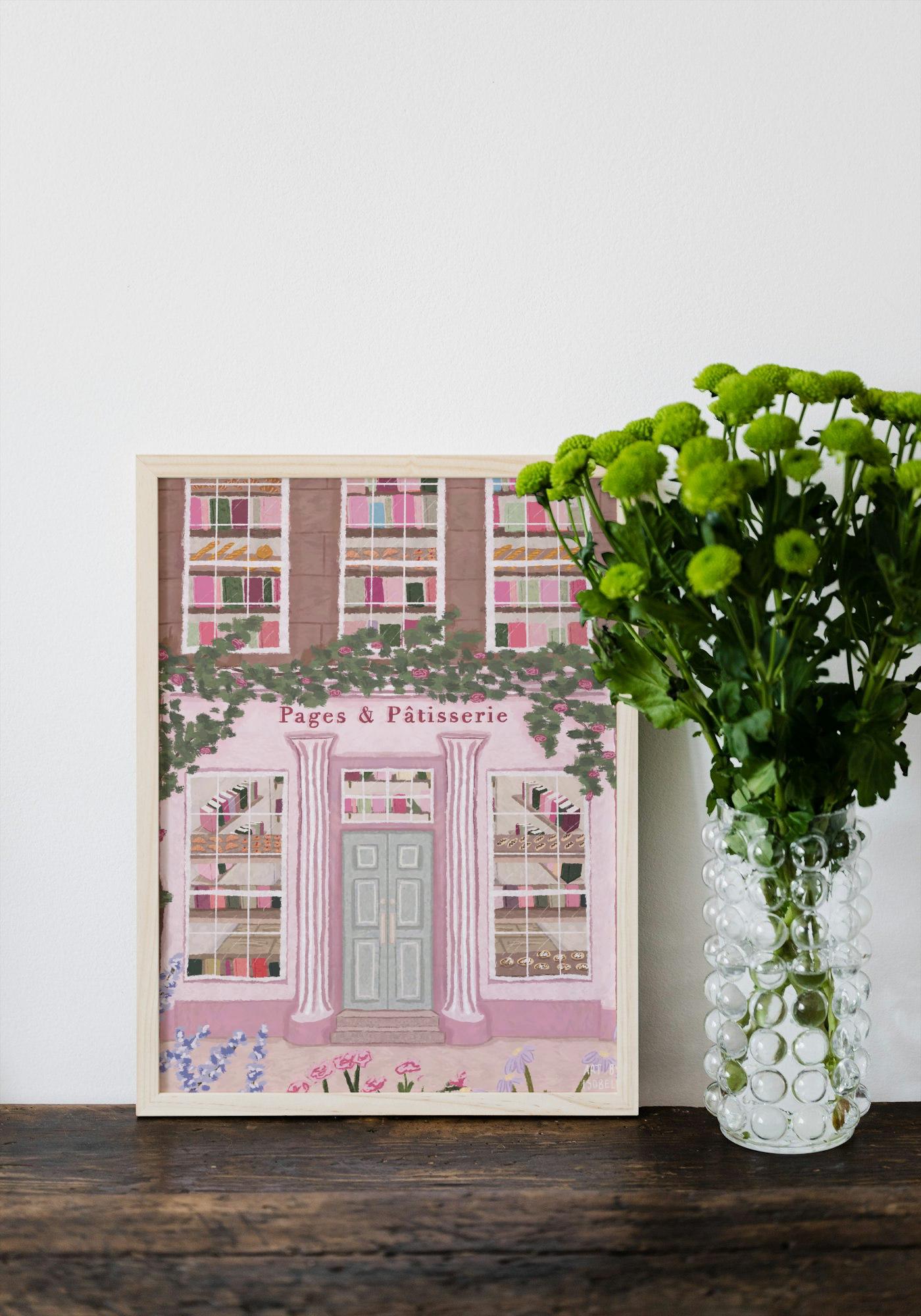 Bookshop and Bakery Art Print | Parisian Patisserie Illustration | Whimsical Storybook Shop Wall Art | Pink Floral Print for Home