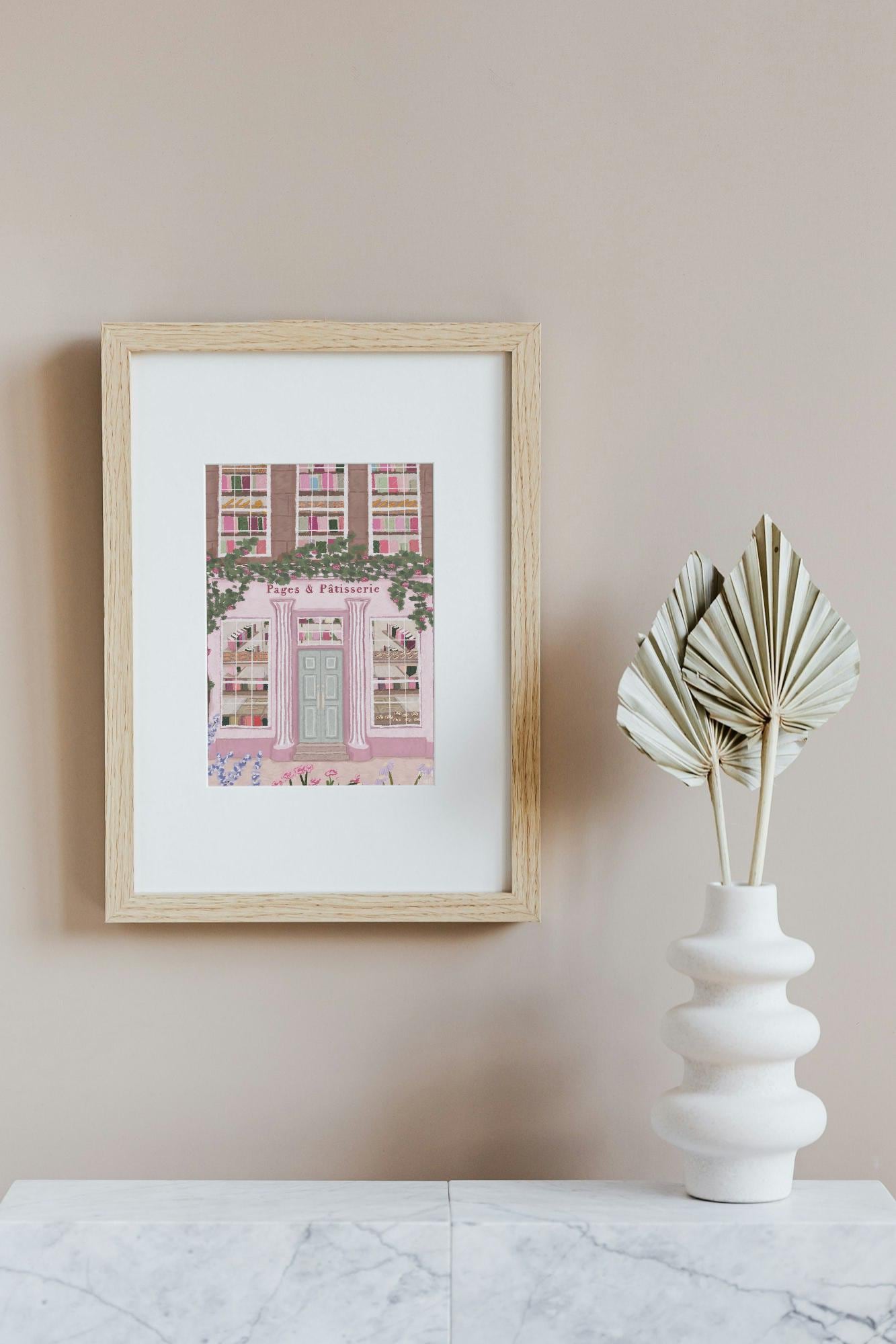 Bookshop and Bakery Art Print | Parisian Patisserie Illustration | Whimsical Storybook Shop Wall Art | Pink Floral Print for Home