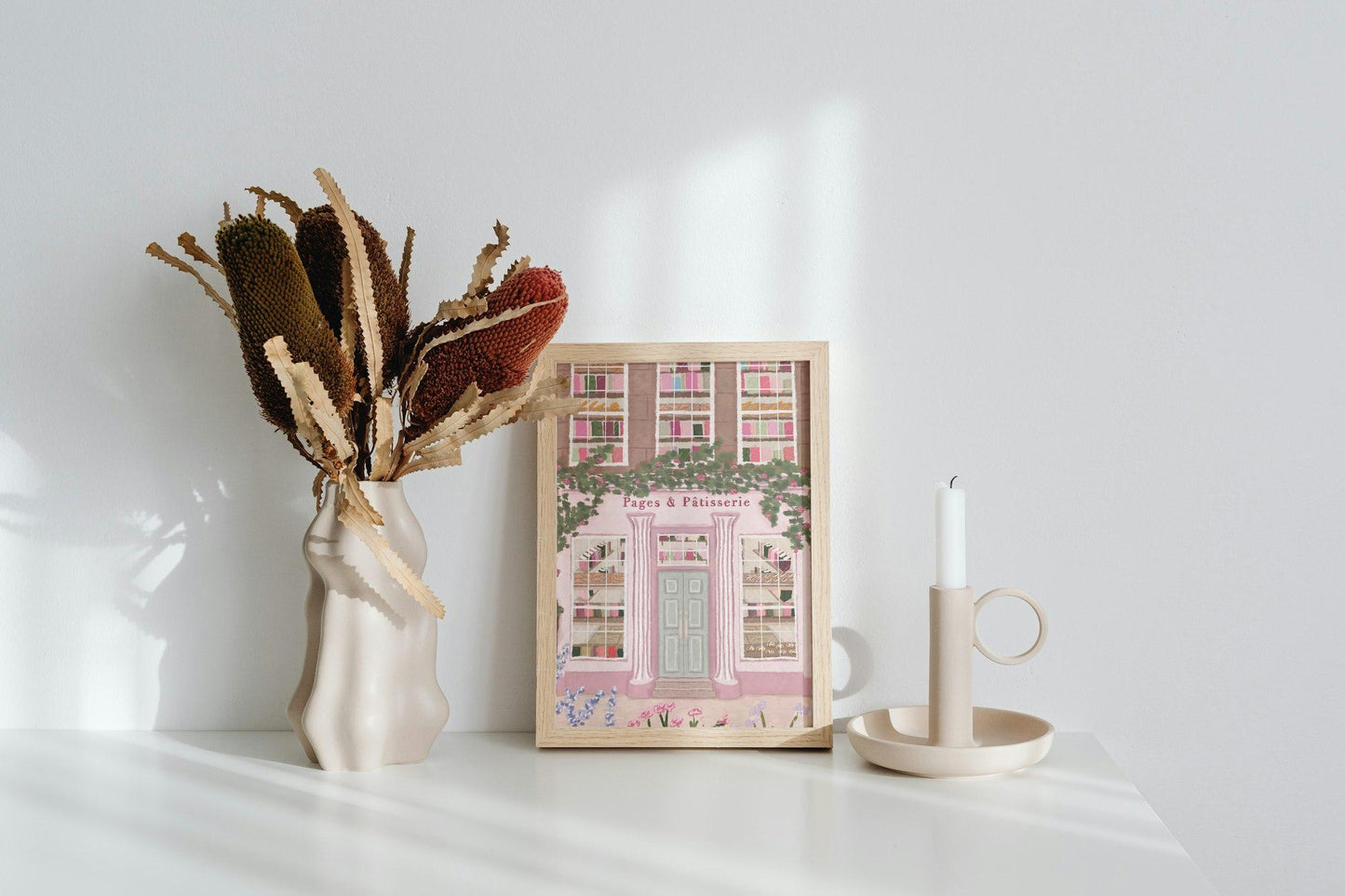 Bookshop and Bakery Art Print | Parisian Patisserie Illustration | Whimsical Storybook Shop Wall Art | Pink Floral Print for Home