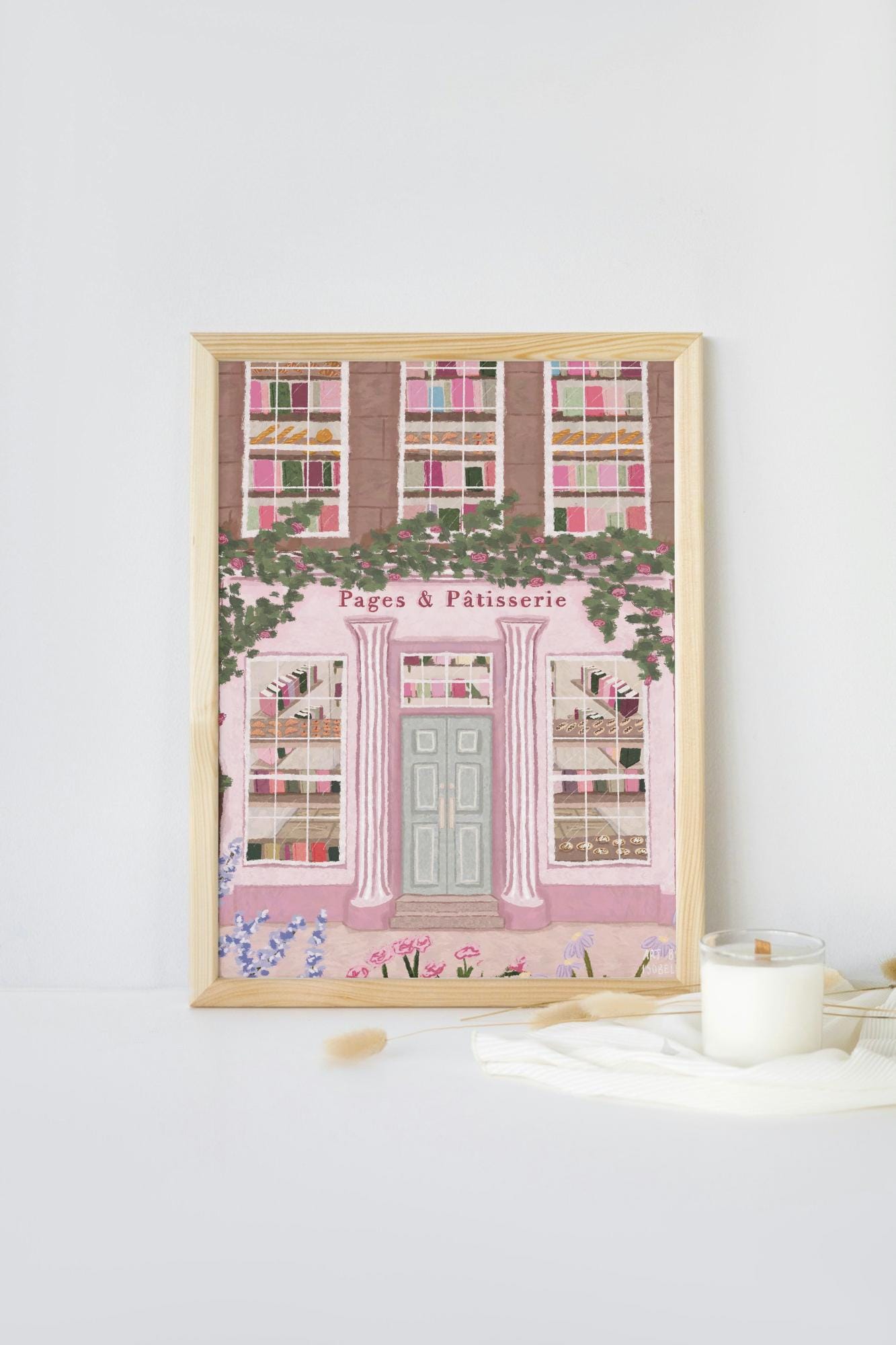 Bookshop and Bakery Art Print | Parisian Patisserie Illustration | Whimsical Storybook Shop Wall Art | Pink Floral Print for Home
