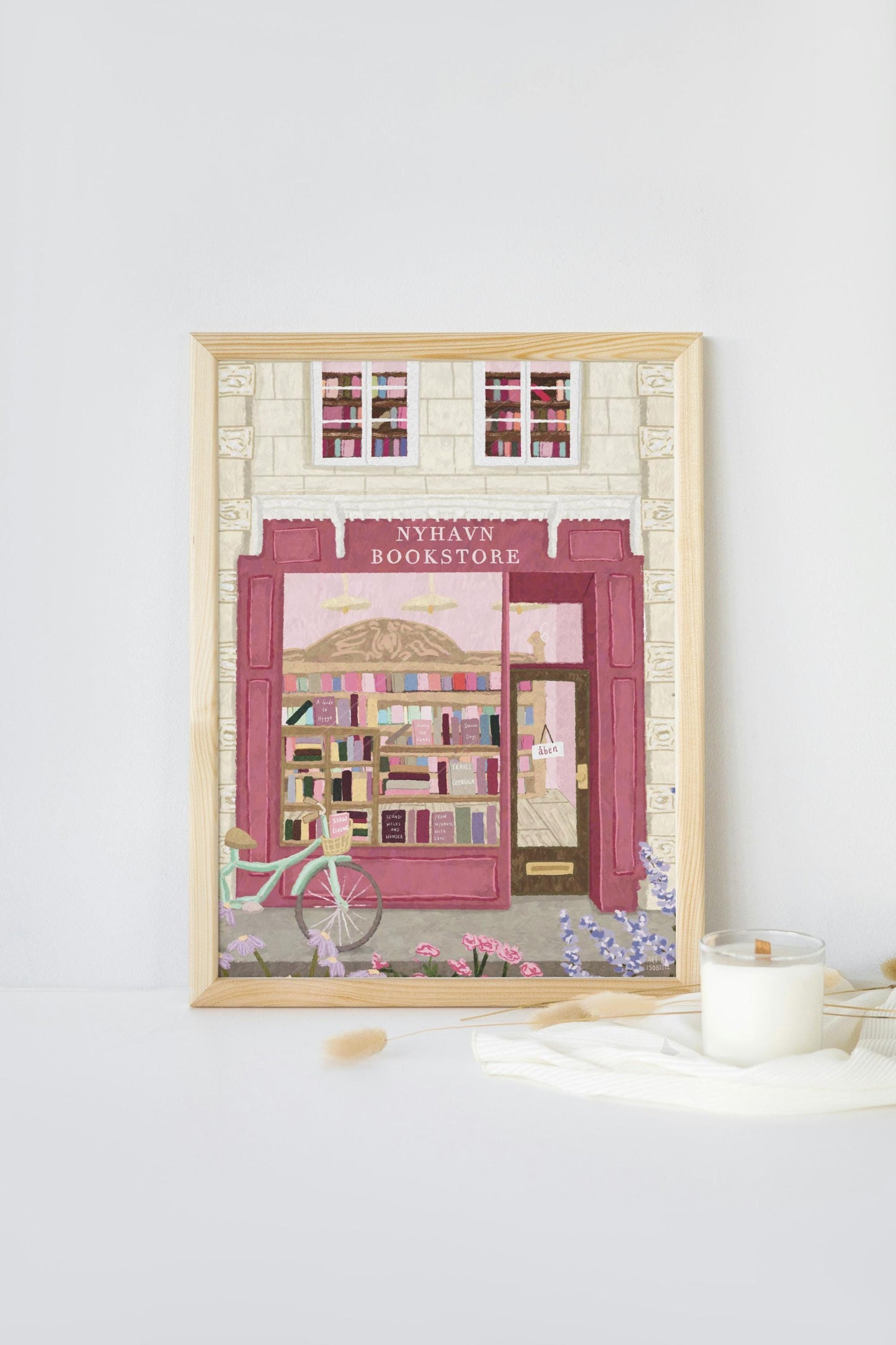 Copenhagen Art Print, Nyhavn Bookstore Illustration, Danish Wall Art, Hygge Travel Print, Bookshop Decor, Pastel City Print, Book Lover Gift