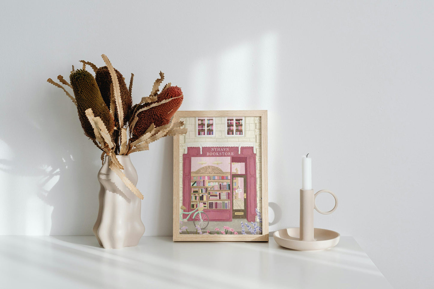 Copenhagen Art Print, Nyhavn Bookstore Illustration, Danish Wall Art, Hygge Travel Print, Bookshop Decor, Pastel City Print, Book Lover Gift