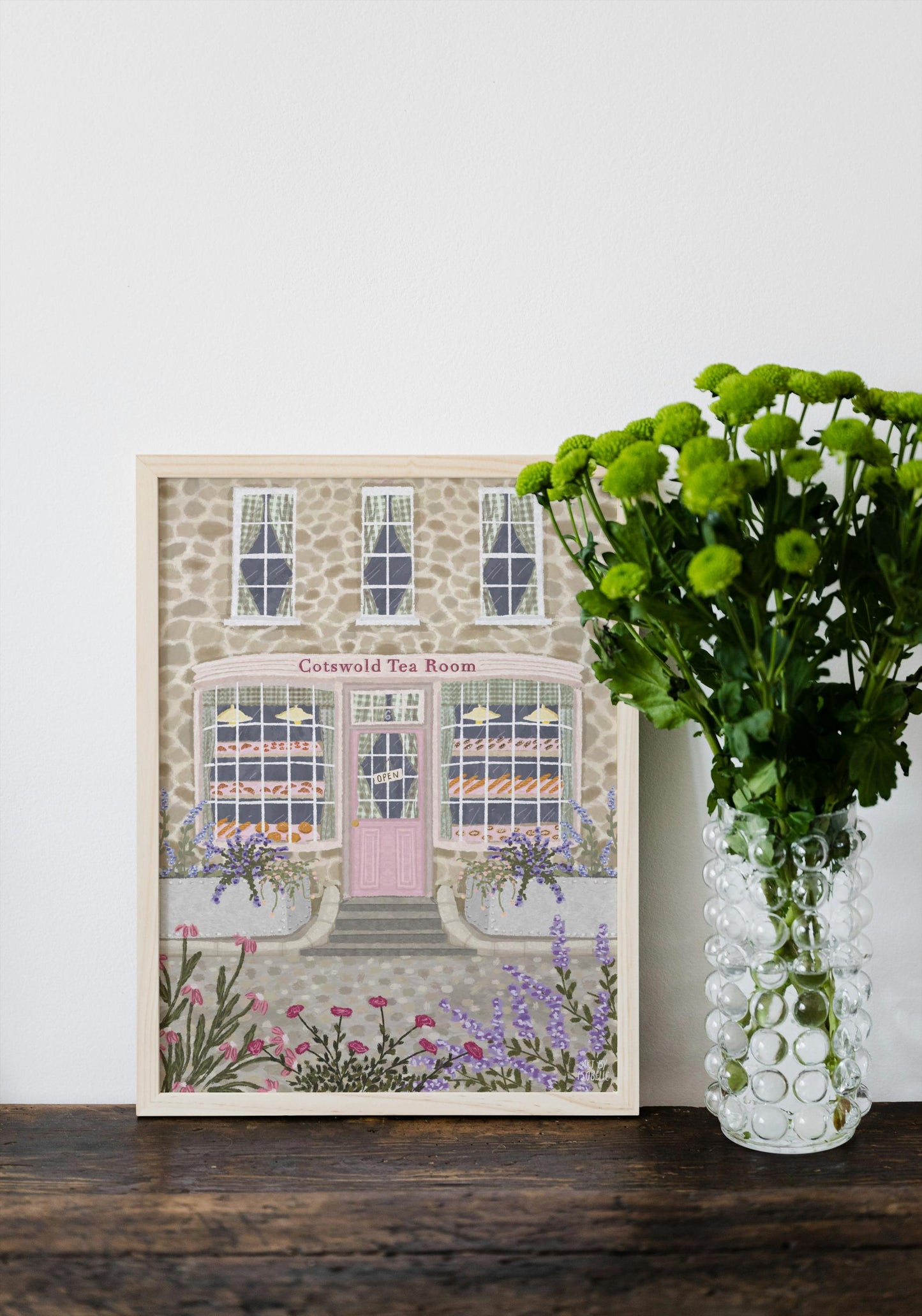 Cotswold Tea Room Art Print, Whimsical English Bakery Illustration, Floral Country Cottage Wall Art, Pink Café Print