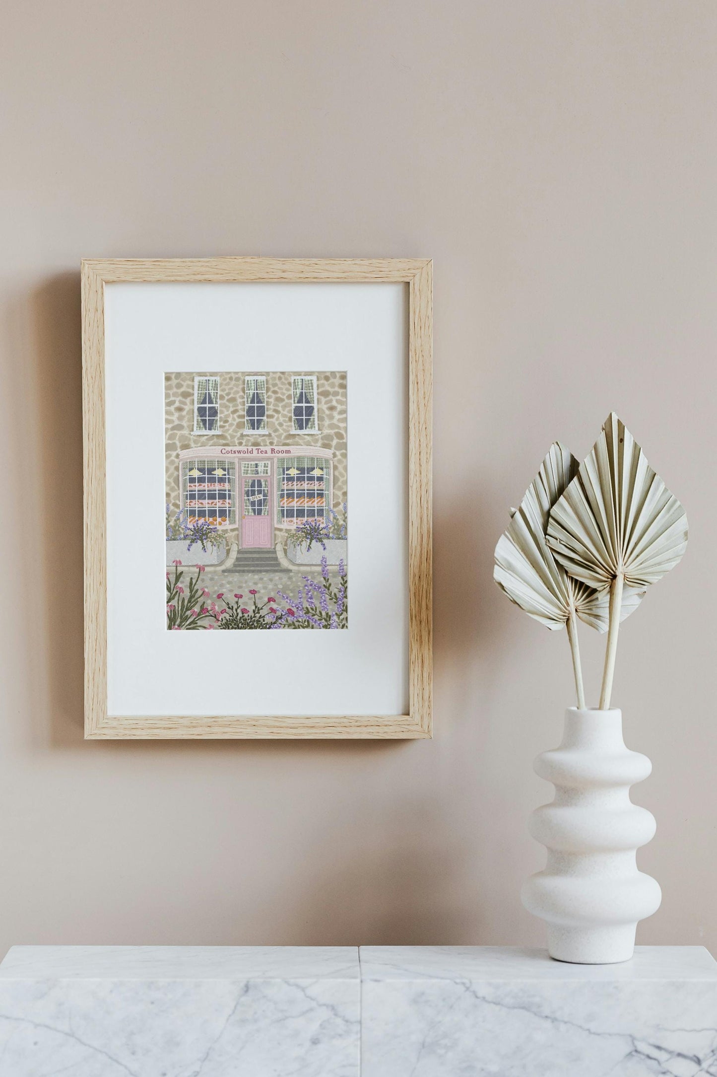 Cotswold Tea Room Art Print, Whimsical English Bakery Illustration, Floral Country Cottage Wall Art, Pink Café Print