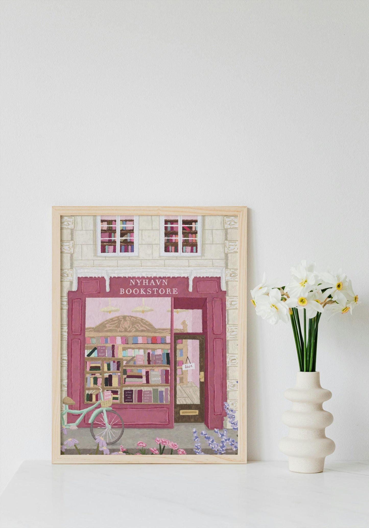 Copenhagen Art Print, Nyhavn Bookstore Illustration, Danish Wall Art, Hygge Travel Print, Bookshop Decor, Pastel City Print, Book Lover Gift