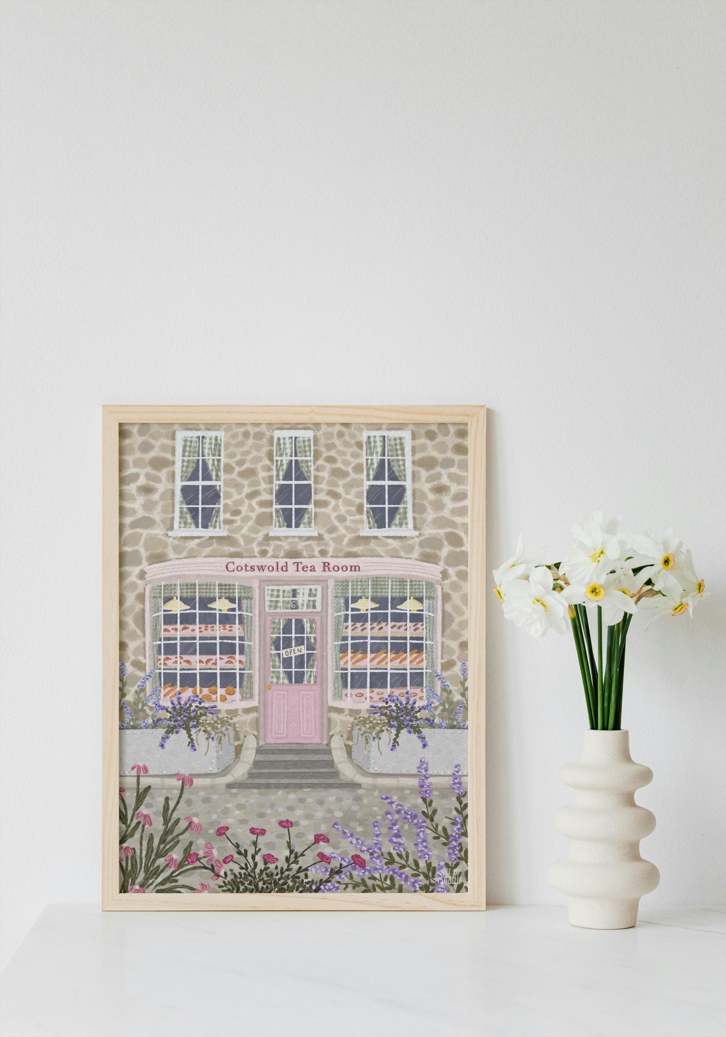 Cotswold Tea Room Art Print, Whimsical English Bakery Illustration, Floral Country Cottage Wall Art, Pink Café Print