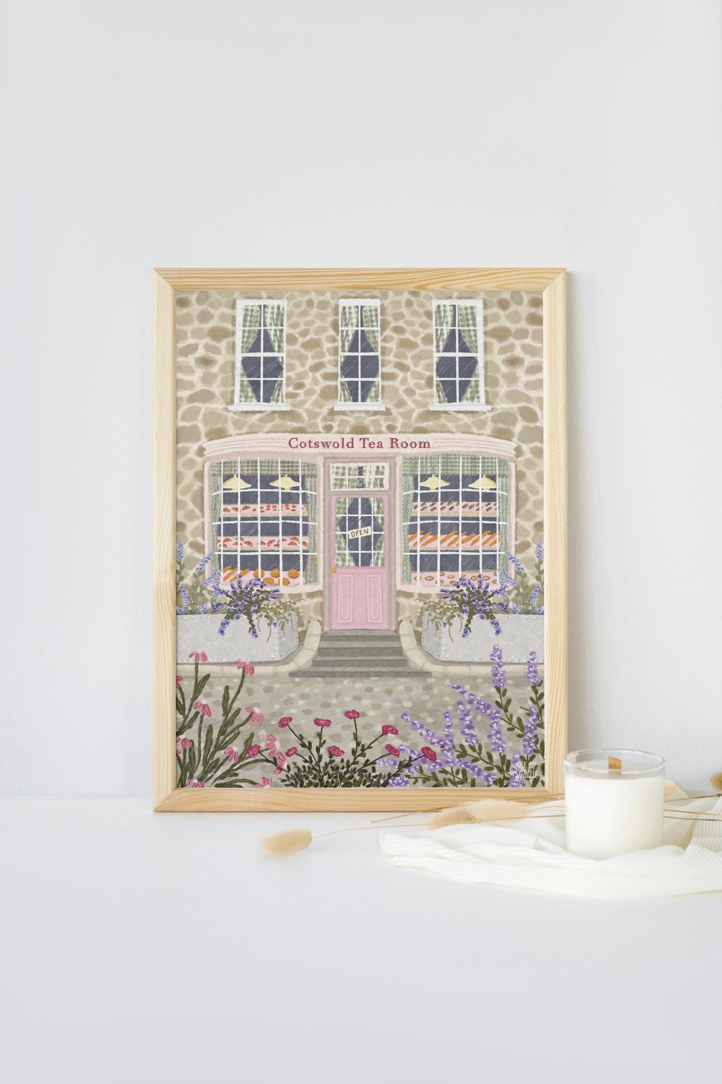 Cotswold Tea Room Art Print, Whimsical English Bakery Illustration, Floral Country Cottage Wall Art, Pink Café Print