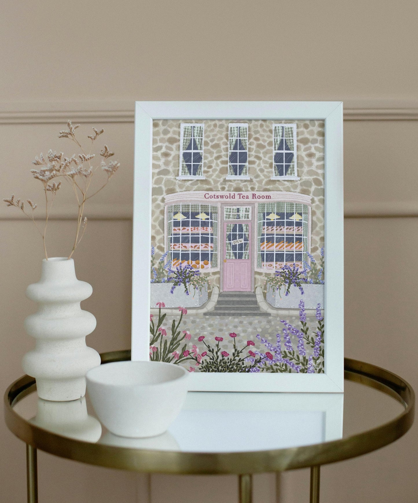 Cotswold Tea Room Art Print, Whimsical English Bakery Illustration, Floral Country Cottage Wall Art, Pink Café Print