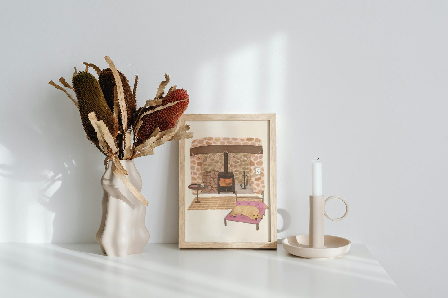 Personalised Dog Breed Print: Cosy Cottage Fireplace Decor