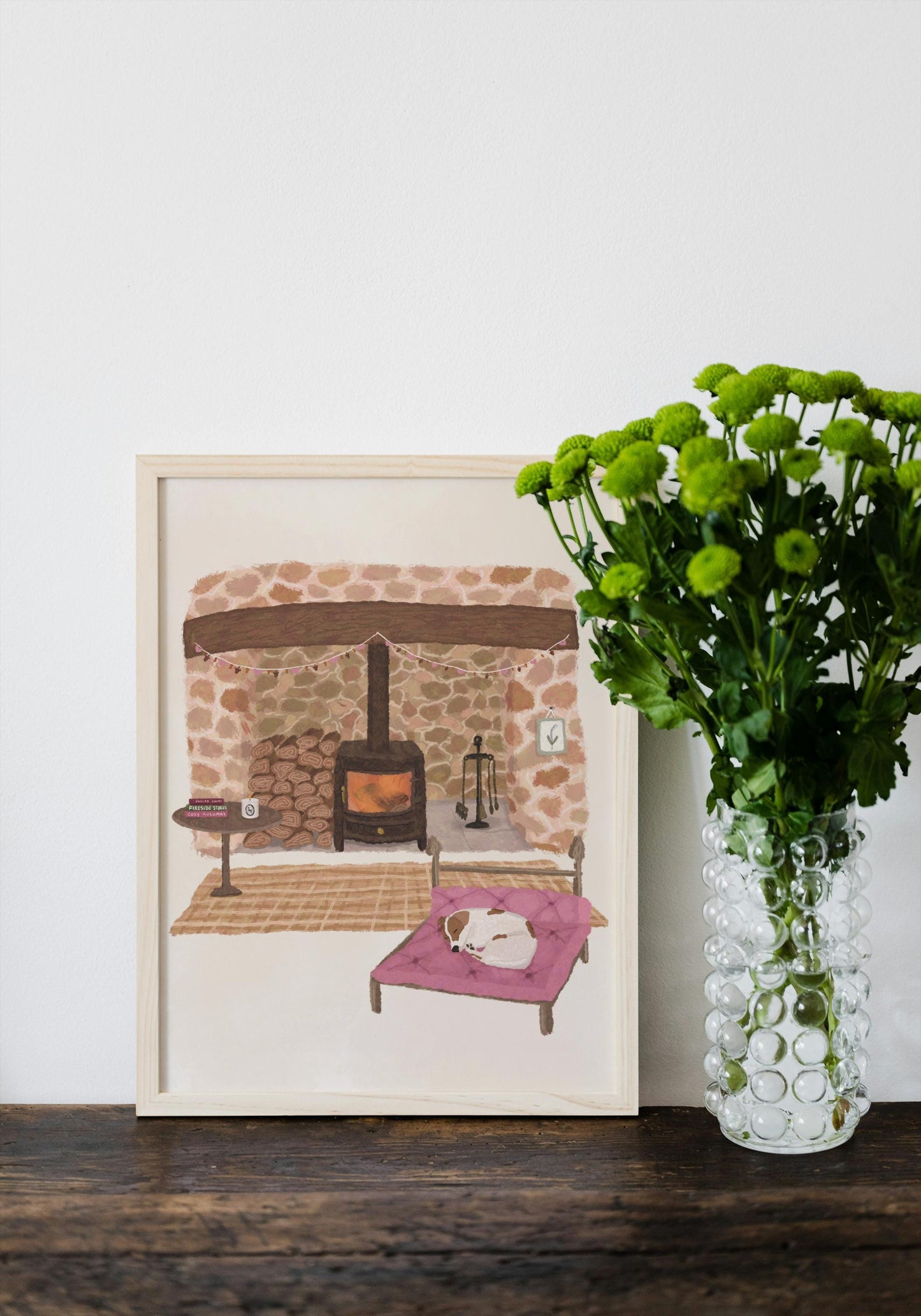 Personalised Dog Breed Print: Cosy Cottage Fireplace Decor