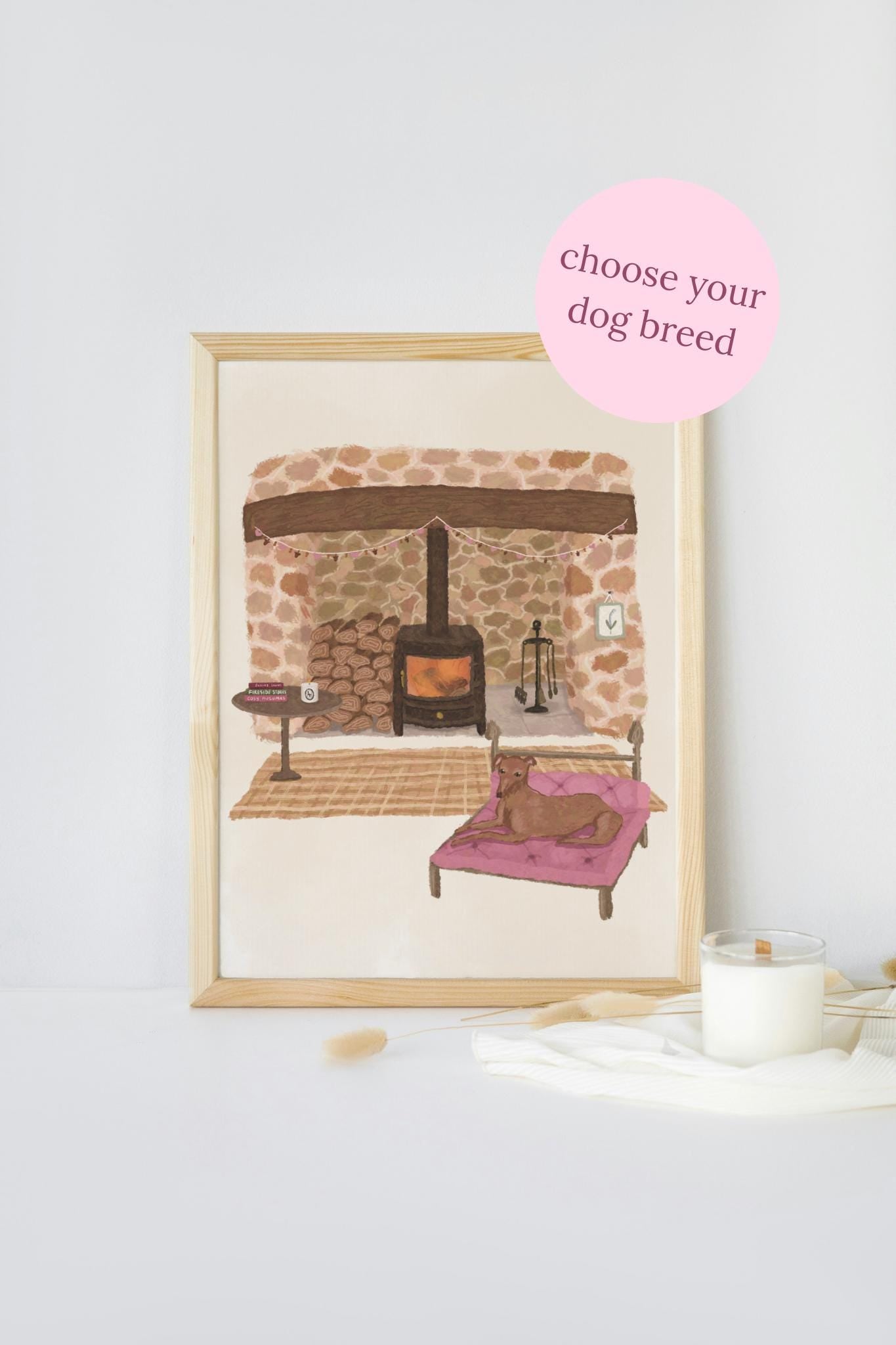 Personalised Dog Breed Print: Cosy Cottage Fireplace Decor