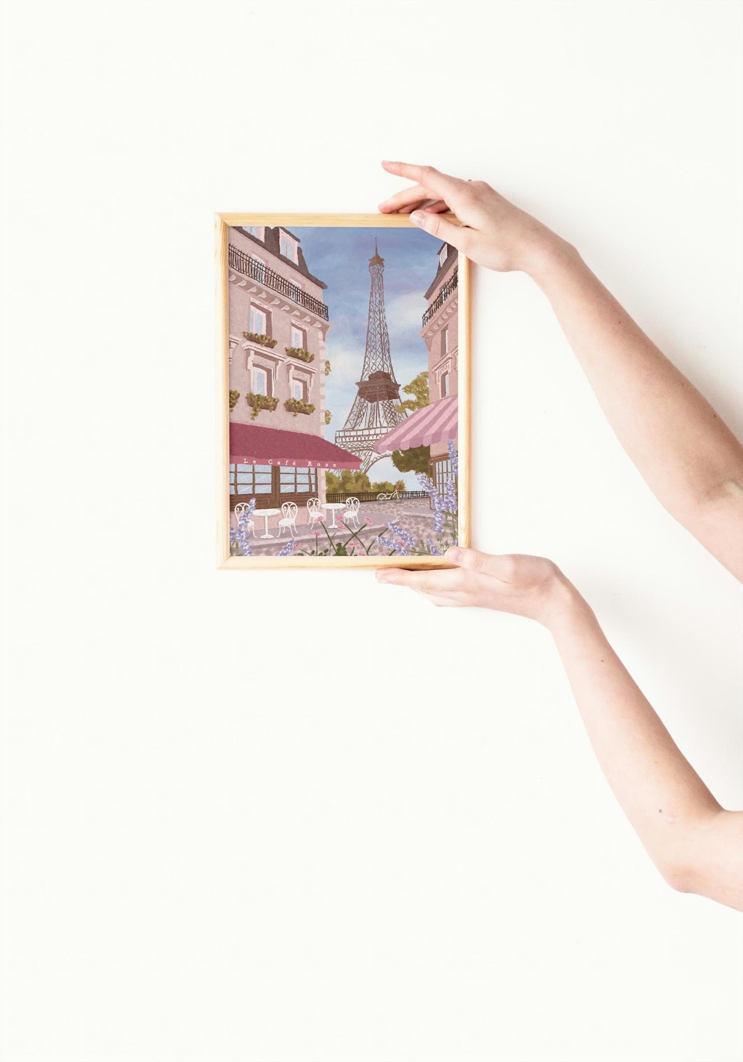 Eiffel Tower Paris Art Print, Parisian Home Decor, Paris Travel Print, Cottagecore French Café Illustration, Pastel Pink Travel Print