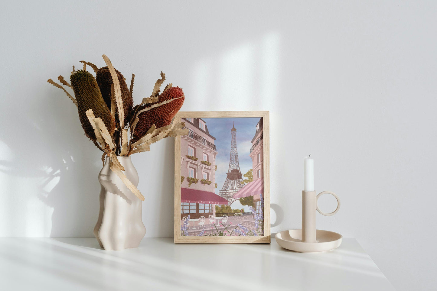Eiffel Tower Paris Art Print, Parisian Home Decor, Paris Travel Print, Cottagecore French Café Illustration, Pastel Pink Travel Print