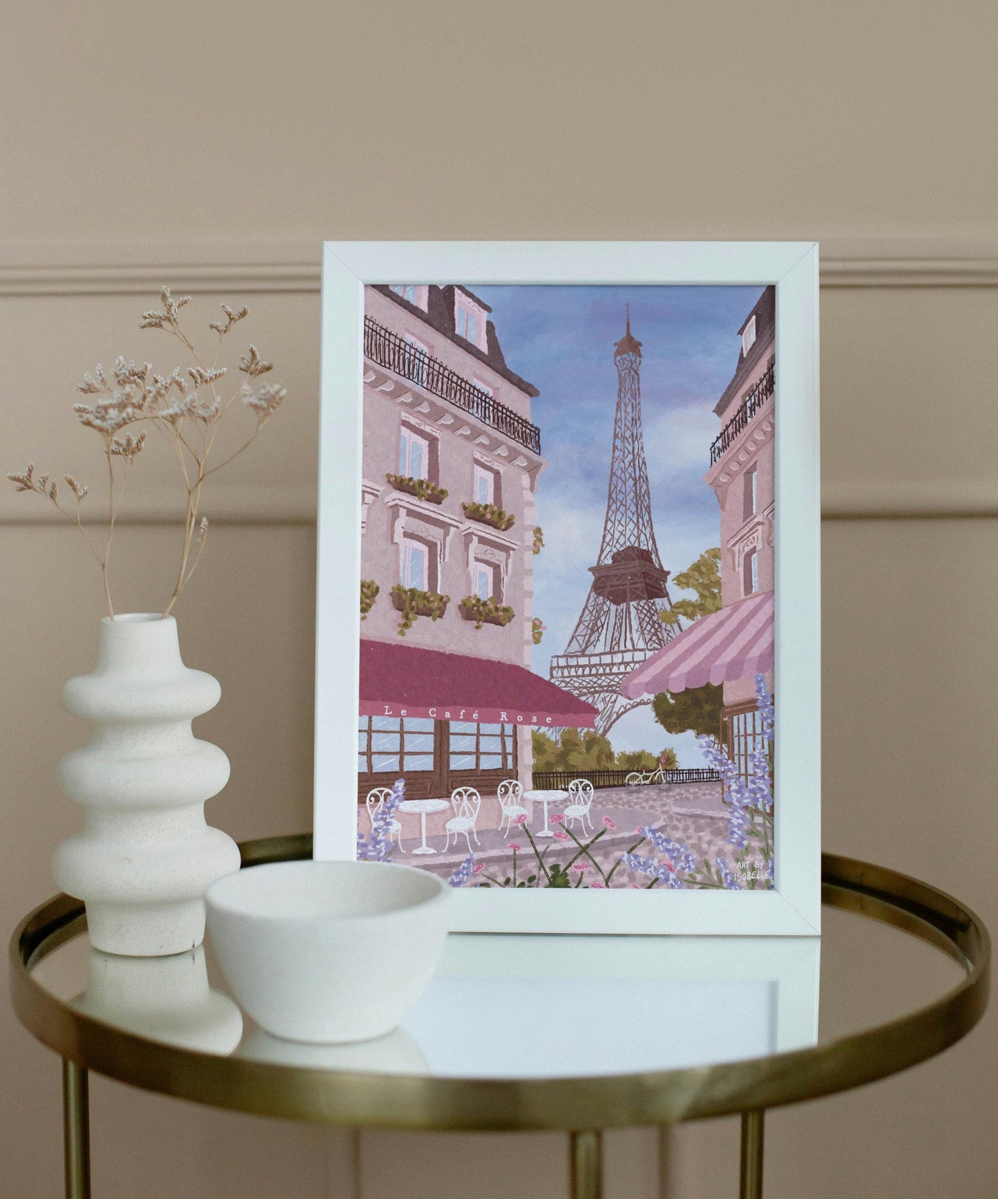 Eiffel Tower Paris Art Print, Parisian Home Decor, Paris Travel Print, Cottagecore French Café Illustration, Pastel Pink Travel Print