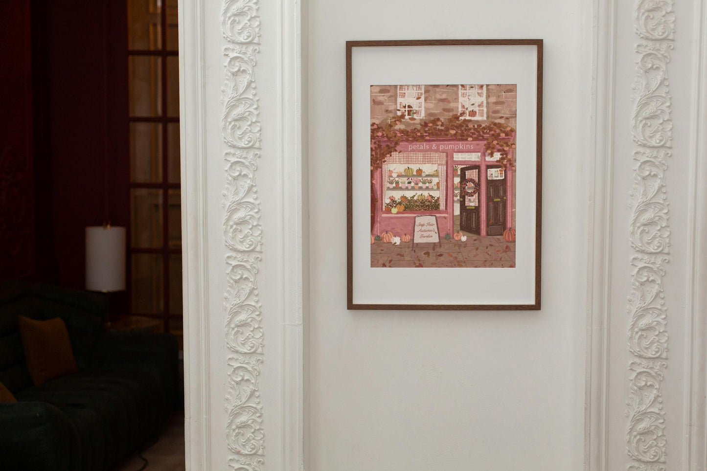 Cosy Autumn Shop Print: Cosy Fall Pumpkin and Flower Shop