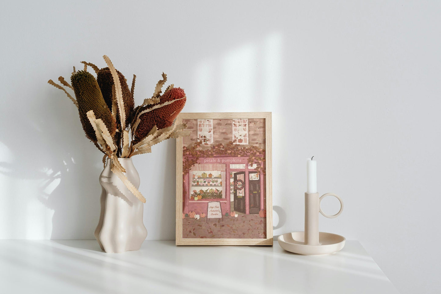 Cosy Autumn Shop Print: Cosy Fall Pumpkin and Flower Shop
