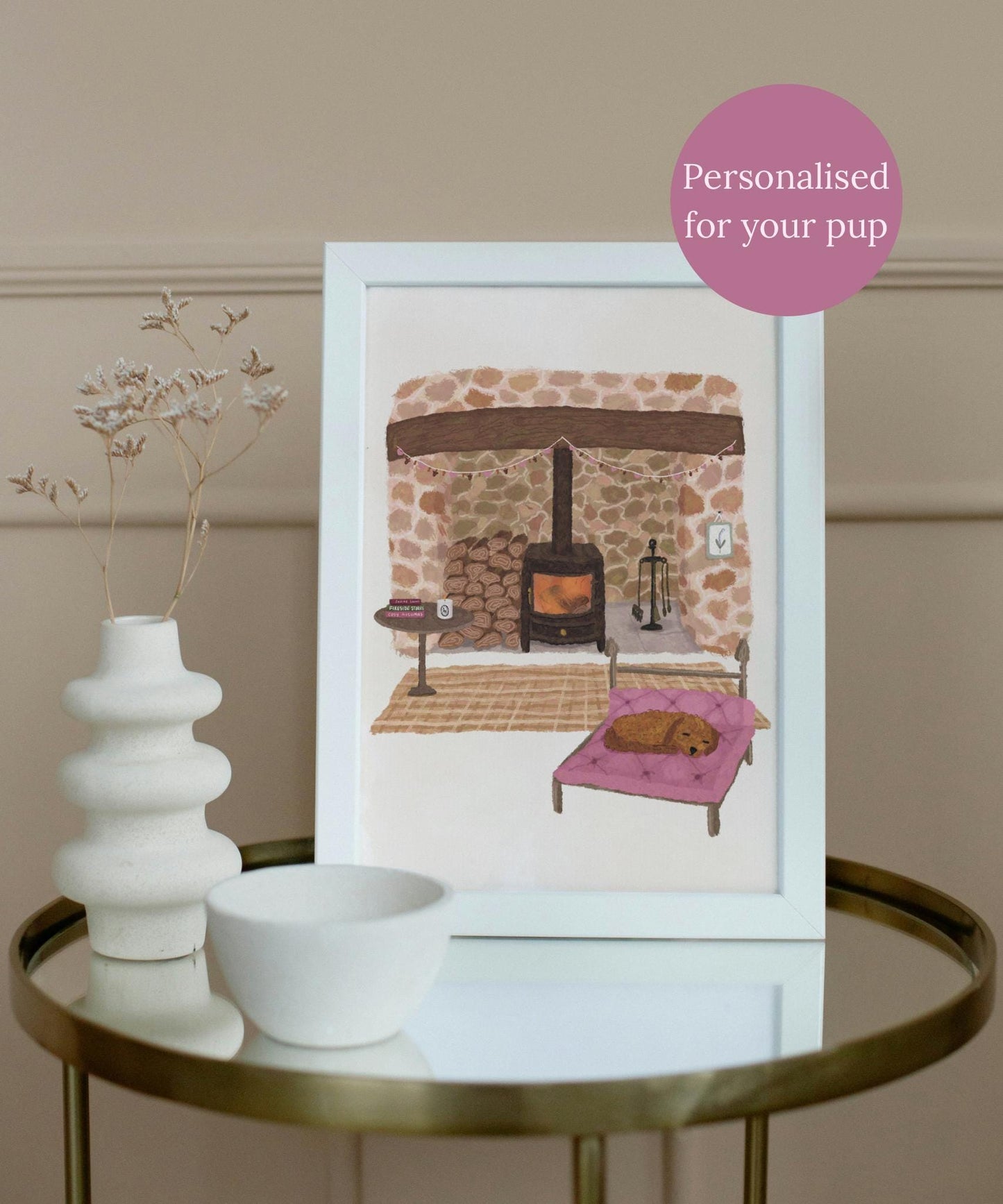 Personalised Dog Breed Print: Cosy Cottage Fireplace Decor