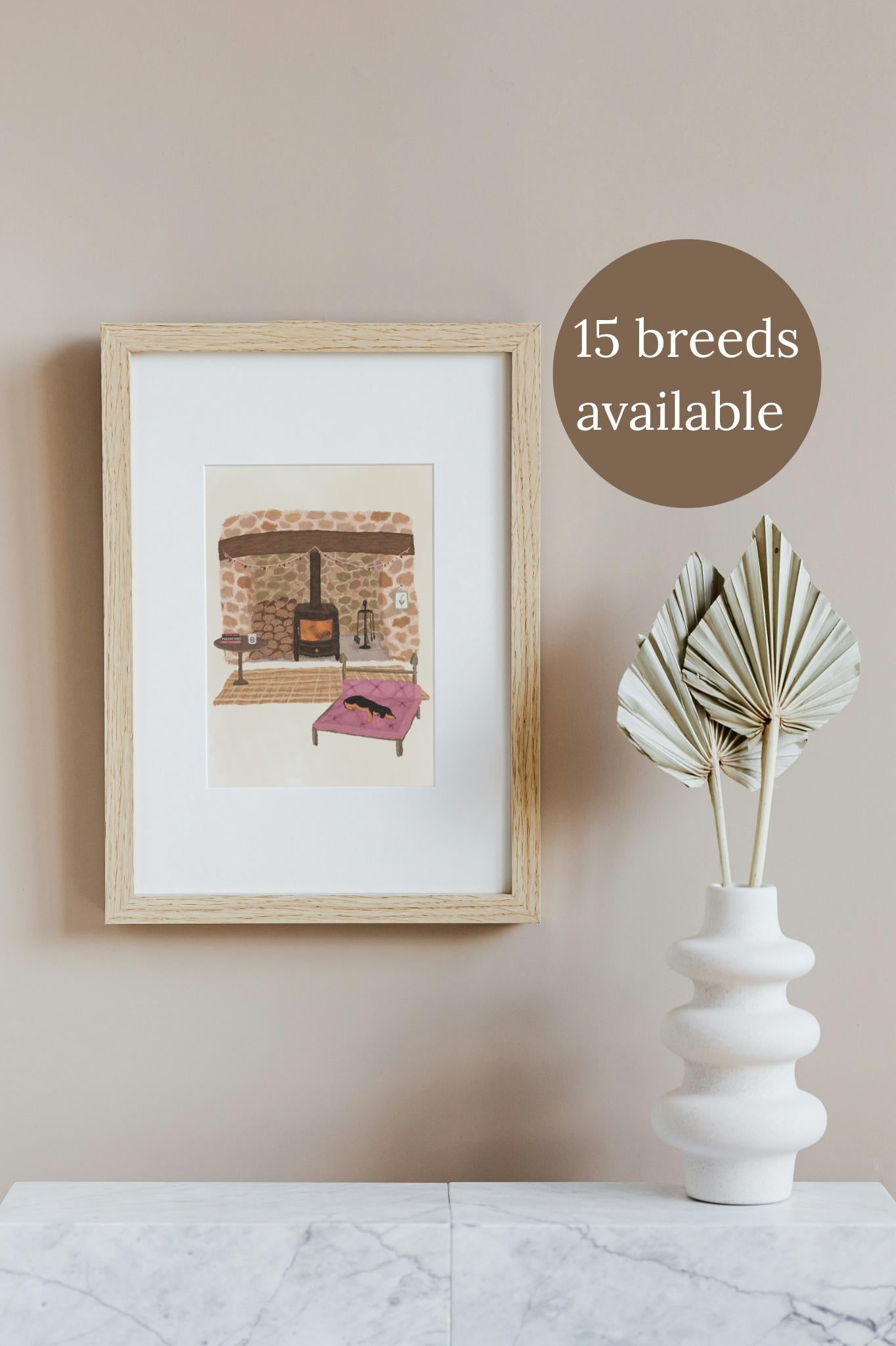 Personalised Dog Breed Print: Cosy Cottage Fireplace Decor