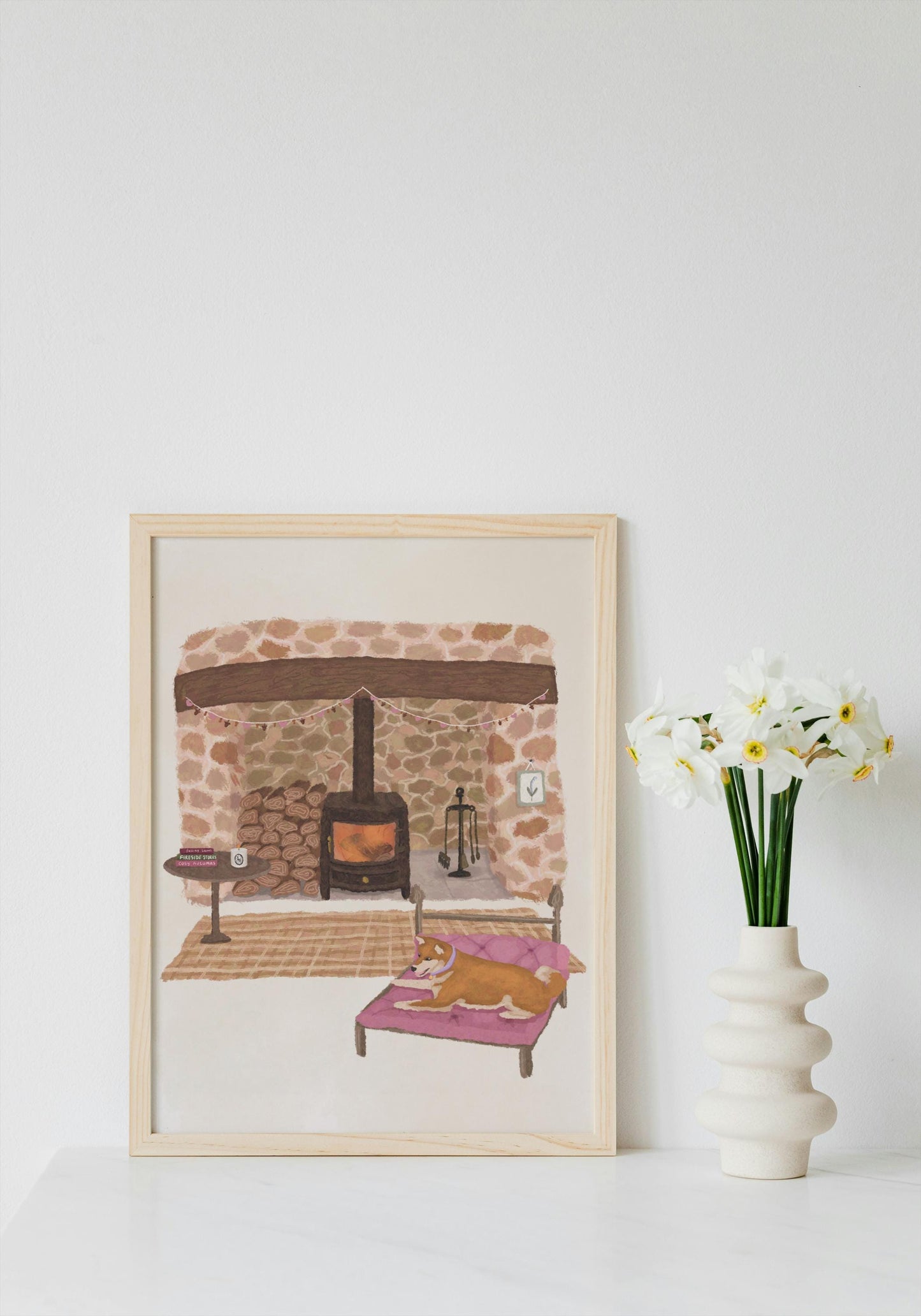 Personalised Dog Breed Print: Cosy Cottage Fireplace Decor