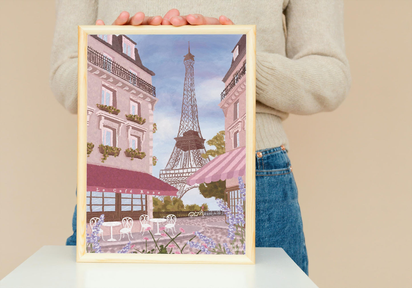 Eiffel Tower Paris Art Print, Parisian Home Decor, Paris Travel Print, Cottagecore French Café Illustration, Pastel Pink Travel Print