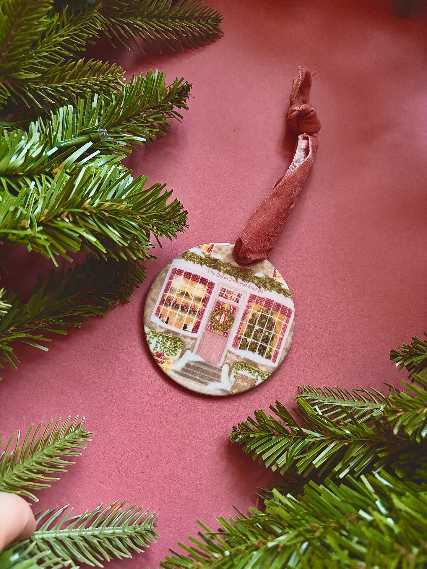 Ceramic Hanging Decoration – Double-Sided Shop Illustration, Pink Velvet Ribbon, Cosy Whimsical Vintage Ornament