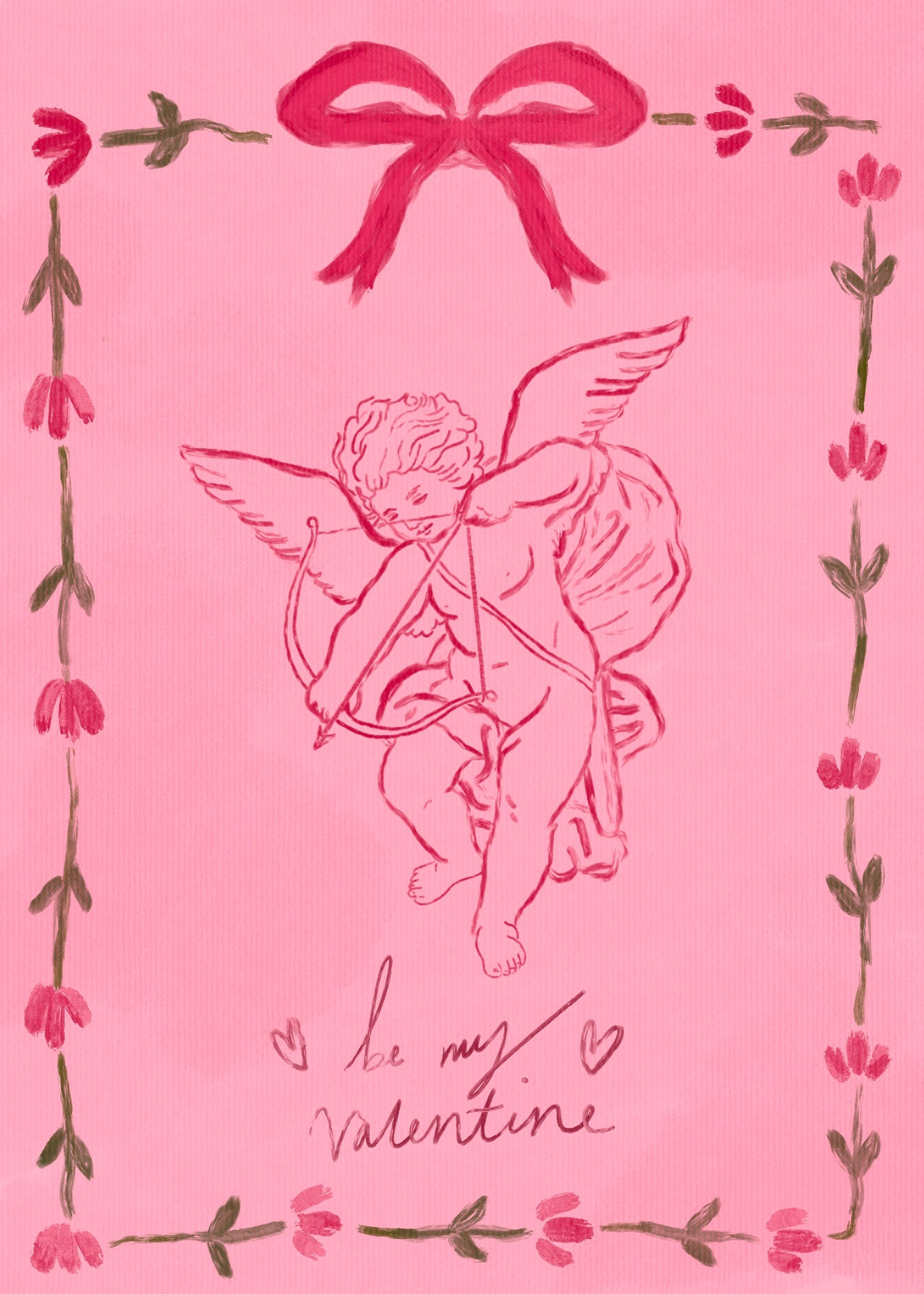 Vintage Cupid Valentines Card 5x7inch, Valentines Greeting Card, Vintage Cupid Card, Pink Romantic Card, Victorian Valentines Card