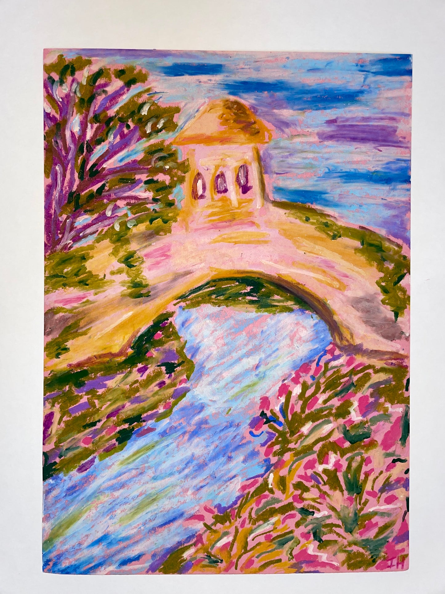 Original Oil Pastel Art ‘Bridge Over Peaceful Water’