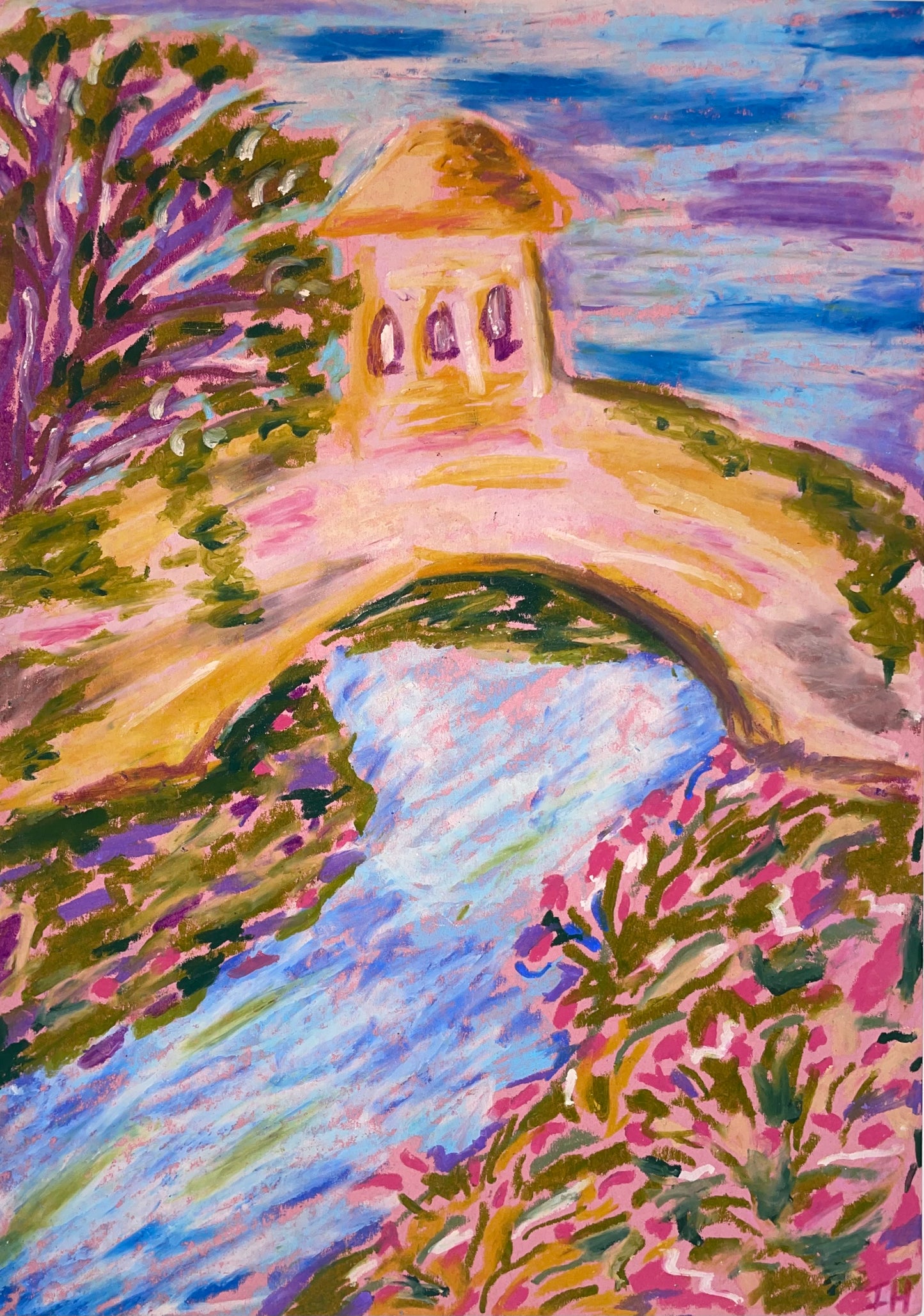 Original Oil Pastel Art ‘Bridge Over Peaceful Water’