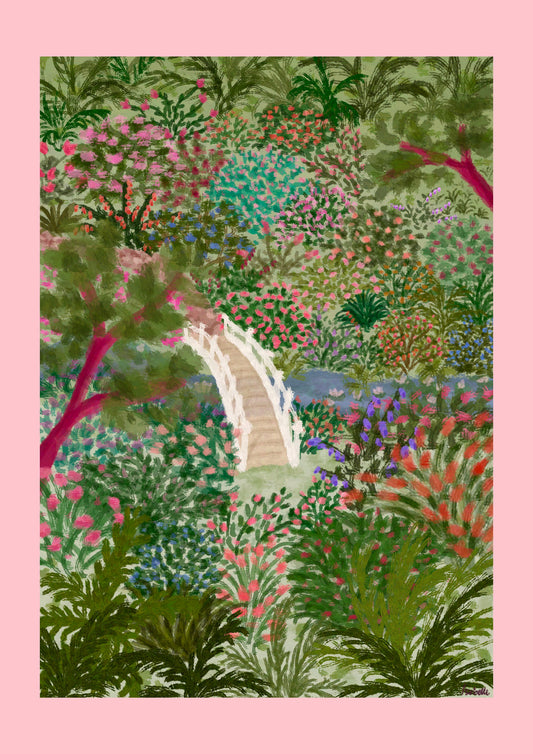 Floral Japenese Garden Print, Trebah Gardens, Colourful Floral Poster, Flower Art, Botanical Print, Cottagecore Print, Vibrant Pink Wall Art