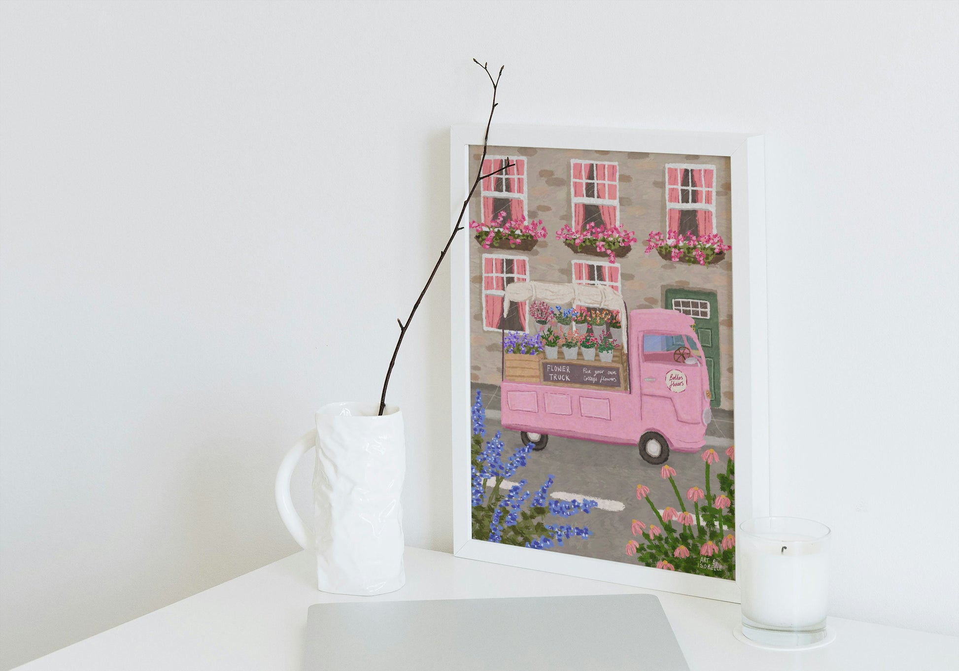 Flower Truck Art Print, Flower art, Floral art print, Flower Marke art print, Florist art, Pink Art, Wall Art, Home Decor