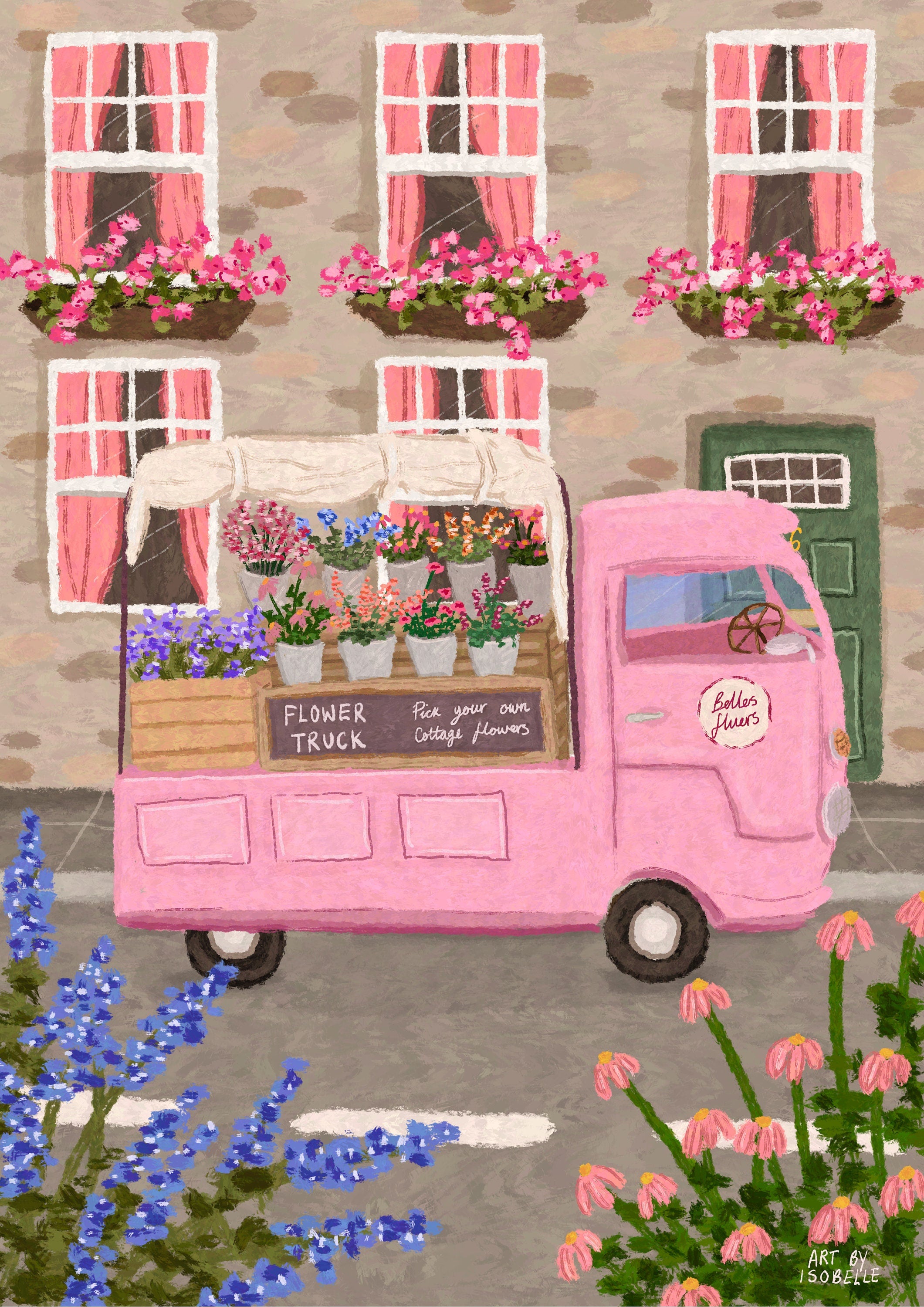 Flower Truck Art Print, Flower art, Floral art print, Flower Marke art print, Florist art, Pink Art, Wall Art, Home Decor