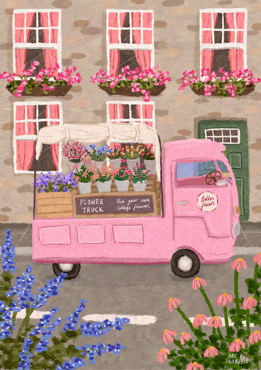 Flower Truck Art Print, Flower art, Floral art print, Flower Marke art print, Florist art, Pink Art, Wall Art, Home Decor