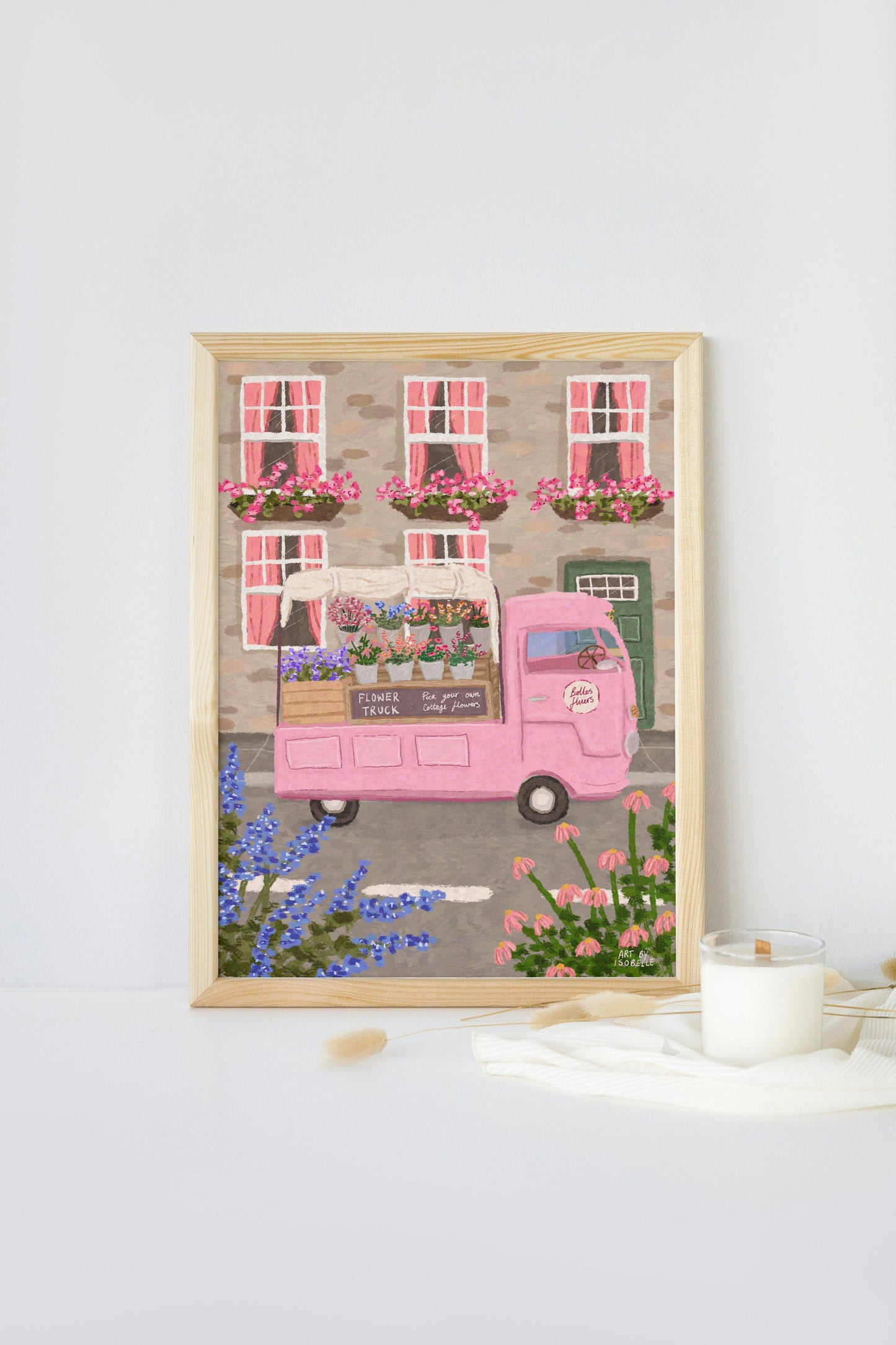 Flower Truck Art Print, Flower art, Floral art print, Flower Marke art print, Florist art, Pink Art, Wall Art, Home Decor