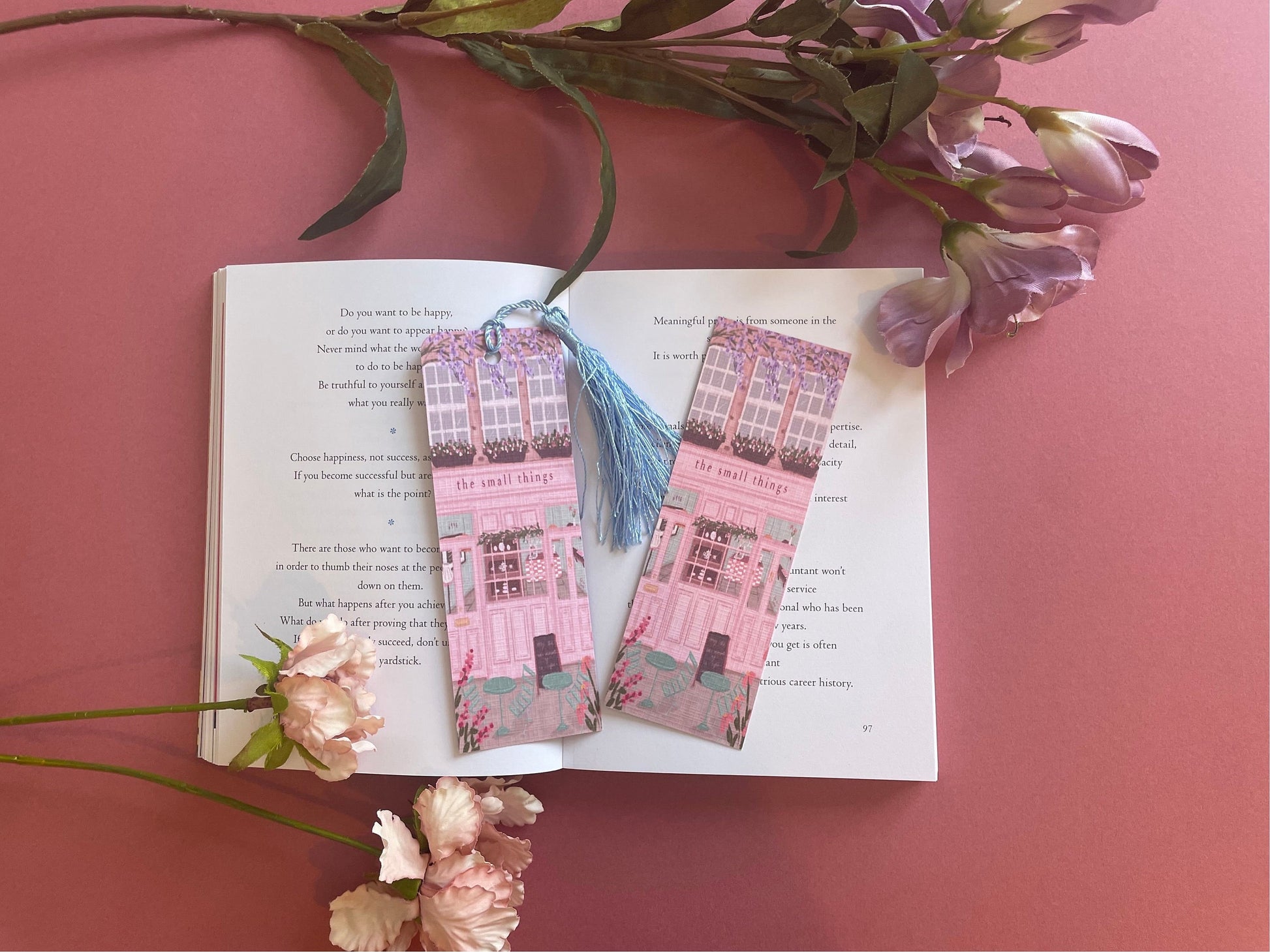 Pretty Café Bookmark, Small Things Café Bookmark, Pink Bookmark, Book Shop Quote, Custom Tassel Bookmark, Gift For Reader, Bookworm Gift