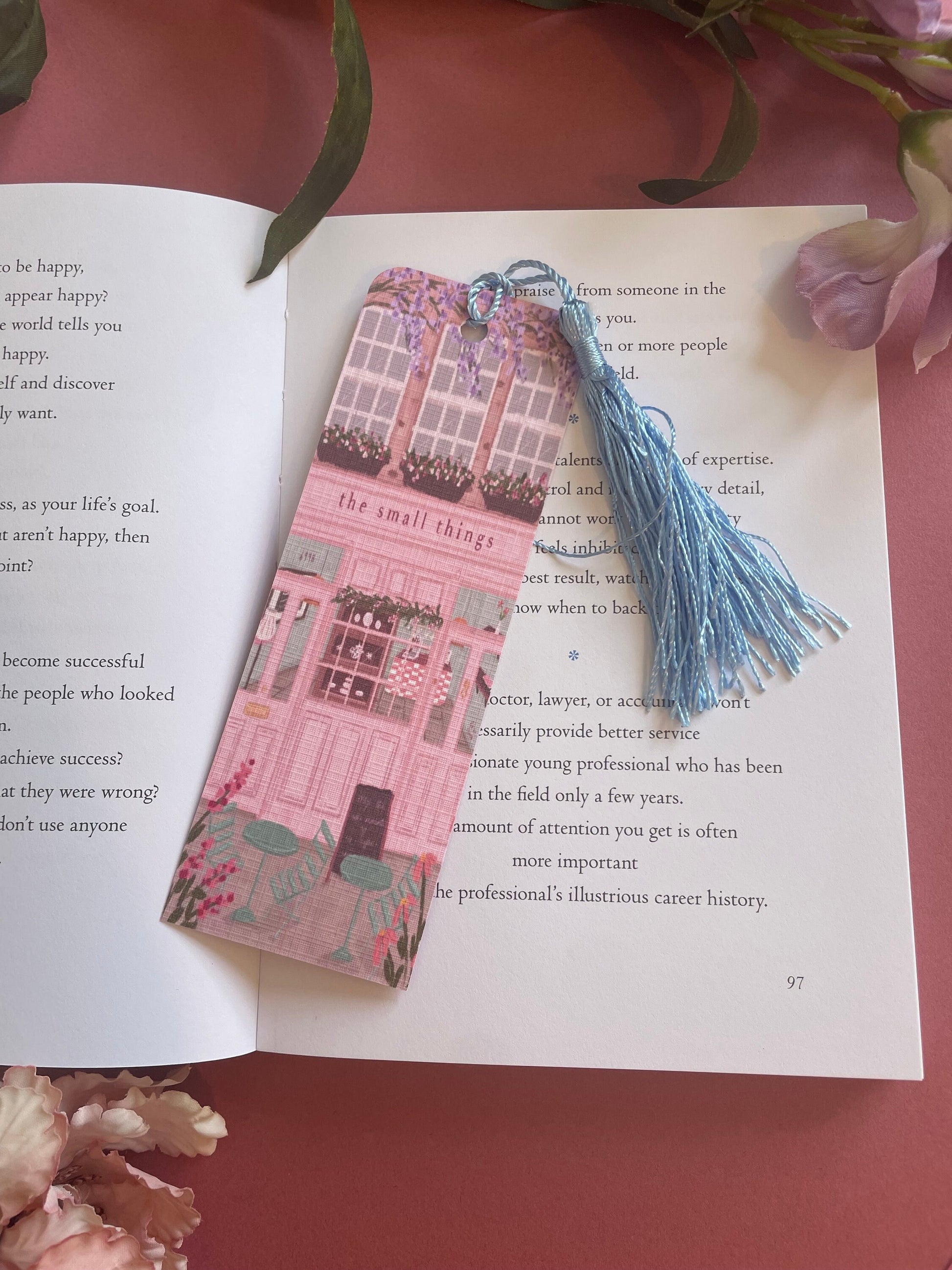 Pretty Café Bookmark, Small Things Café Bookmark, Pink Bookmark, Book Shop Quote, Custom Tassel Bookmark, Gift For Reader, Bookworm Gift