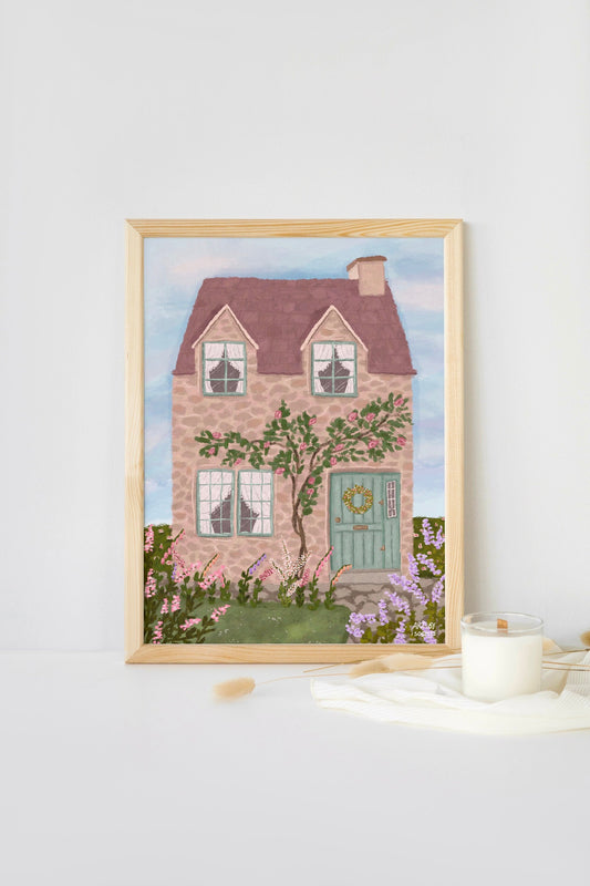 Cottage Garden Print, Cottagecore Print, English Cottage, Summer Garden Print, Floral Print, Cosy Home Decor, Whimsical Art, Pink Art