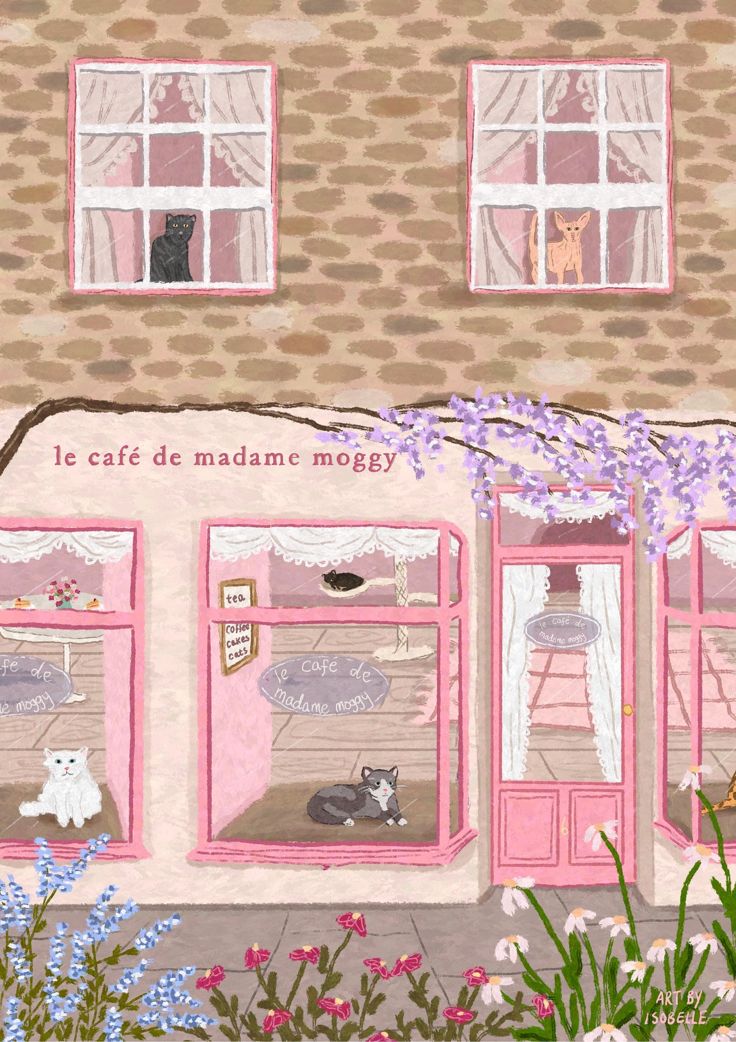 Cat Cafe Print, Cat Art, Cafe Art Print, Cat Cafe Poster, Cat Lover Gift, French Cafe Print, Kitchen Decor, Cat Wall Art, Pink Wall Art