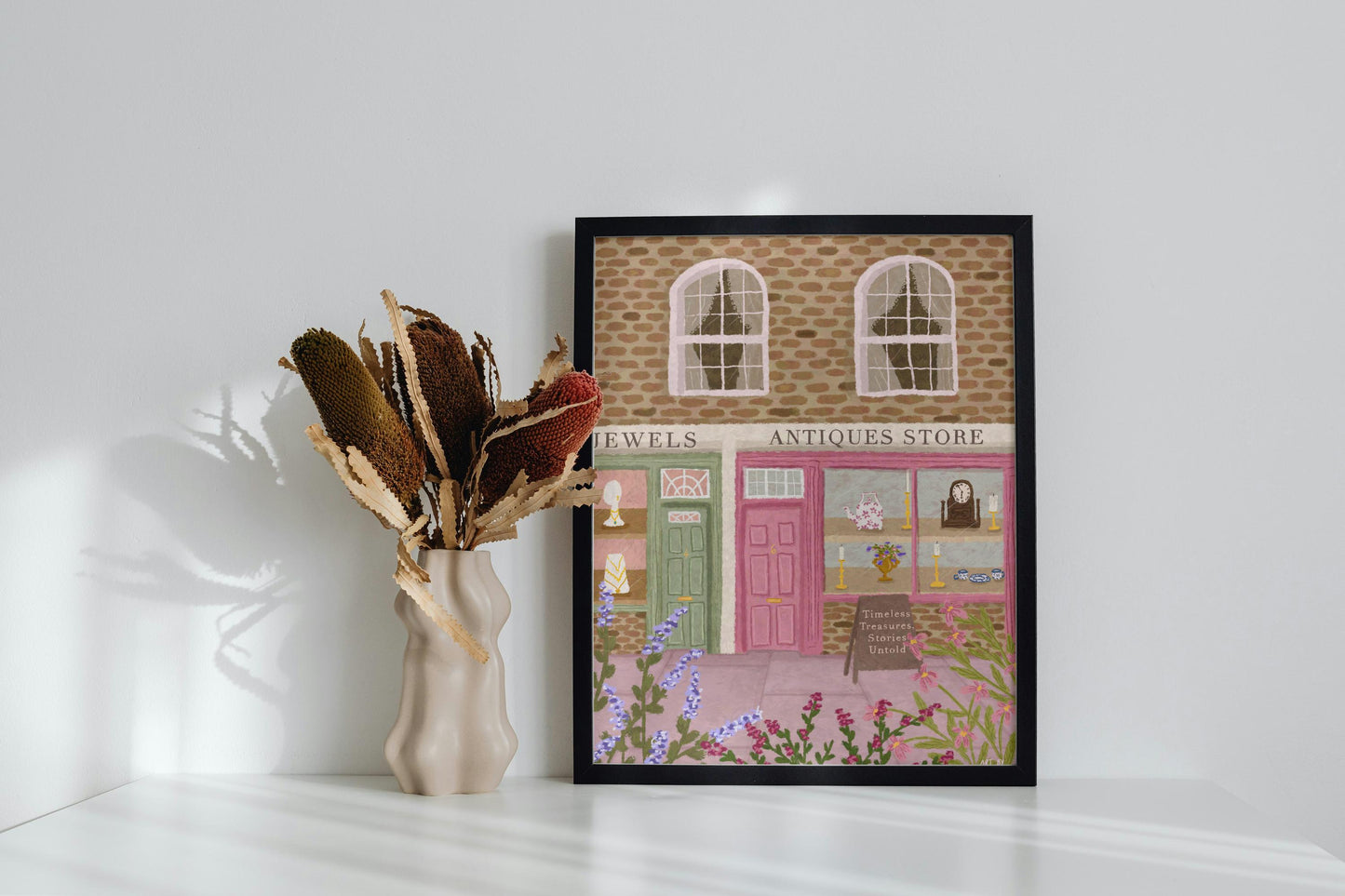 Antiques Store Print, Antiques Shop Art, Floral Art Print, Shop Front Art Print, Whimsical Art, Pink Art, Wall Art, Home Decor, Cosy Art