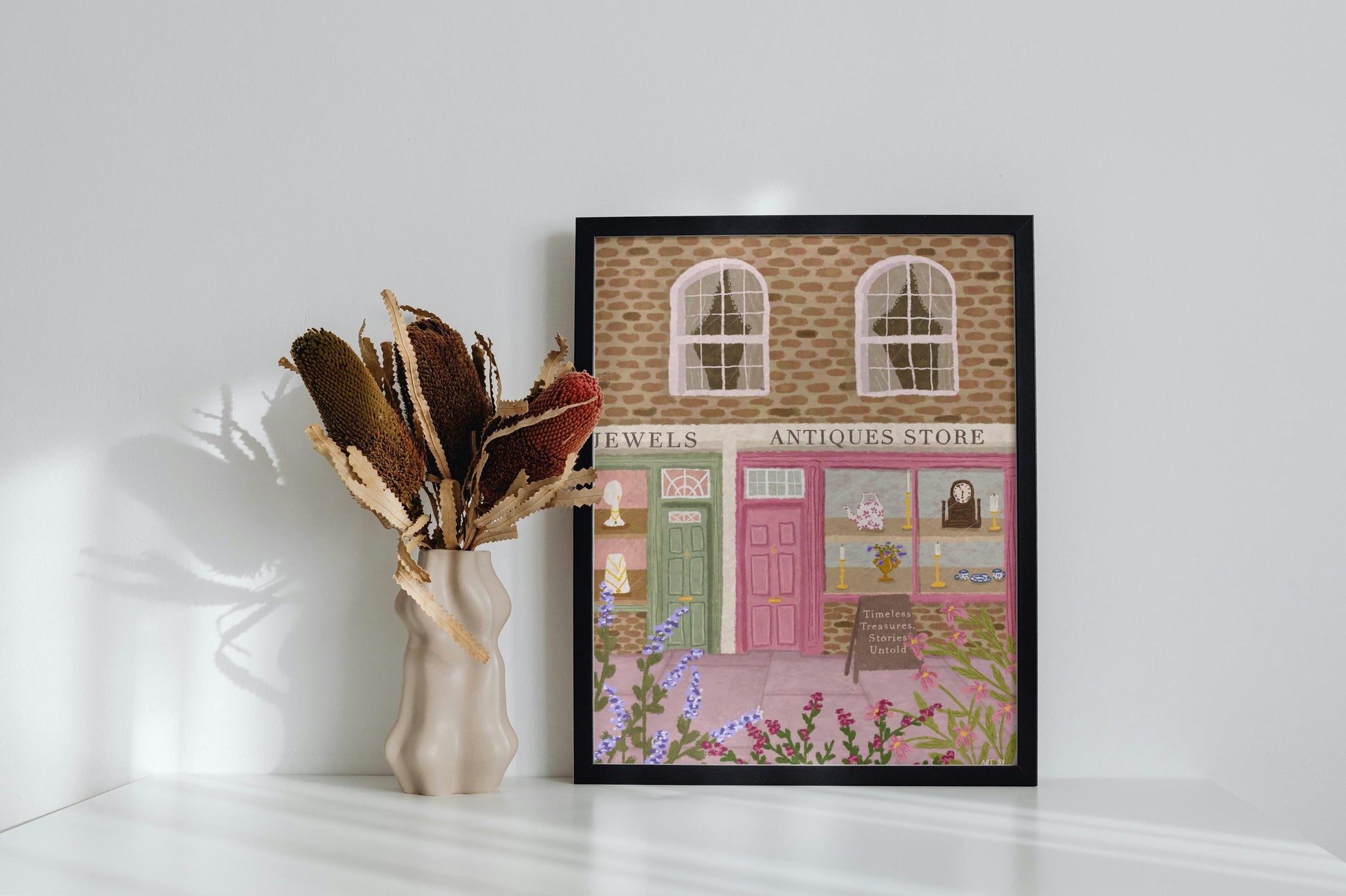 Antiques Store Print, Antiques Shop Art, Floral Art Print, Shop Front Art Print, Whimsical Art, Pink Art, Wall Art, Home Decor, Cosy Art