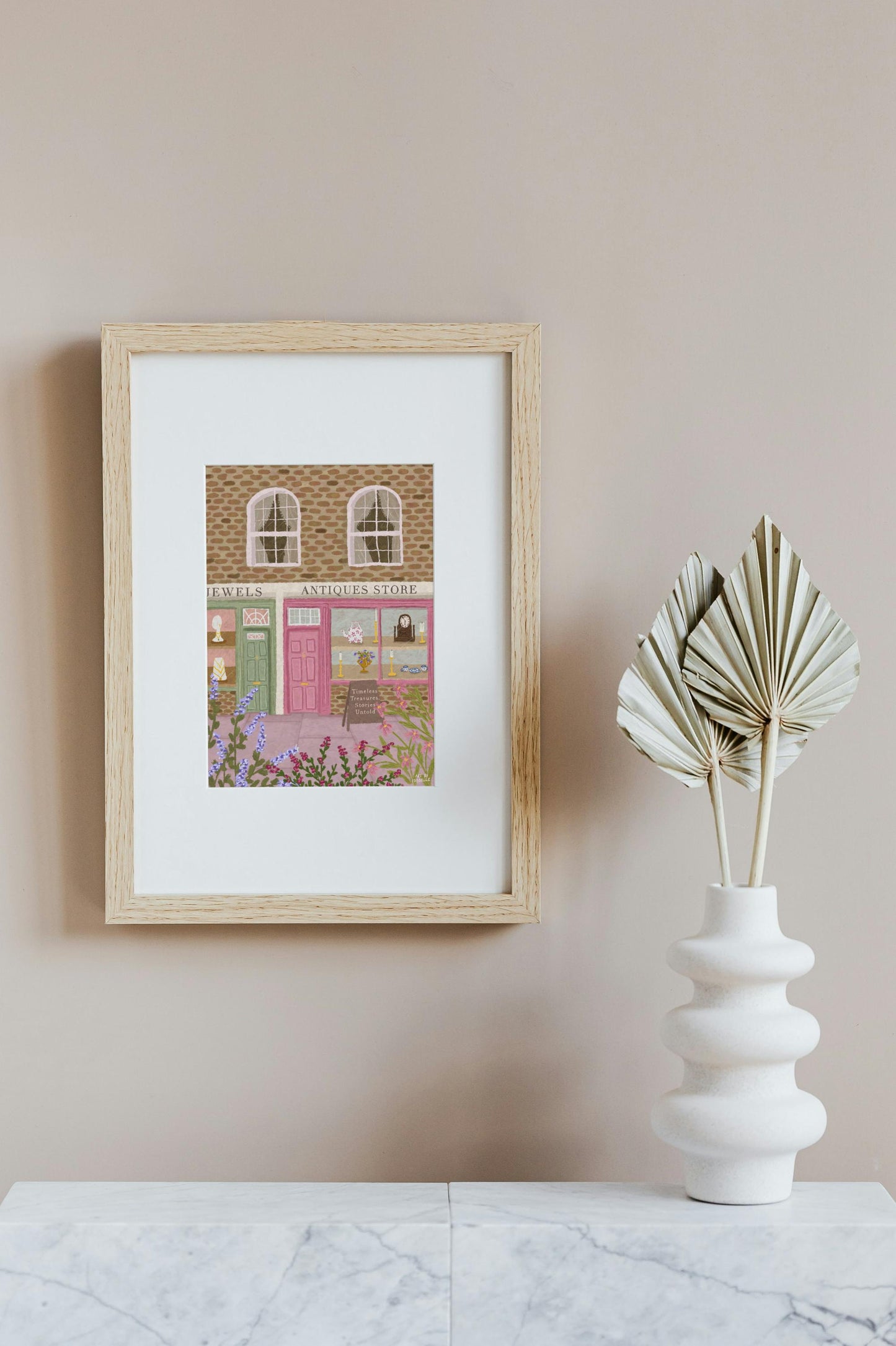 Antiques Store Print, Antiques Shop Art, Floral Art Print, Shop Front Art Print, Whimsical Art, Pink Art, Wall Art, Home Decor, Cosy Art