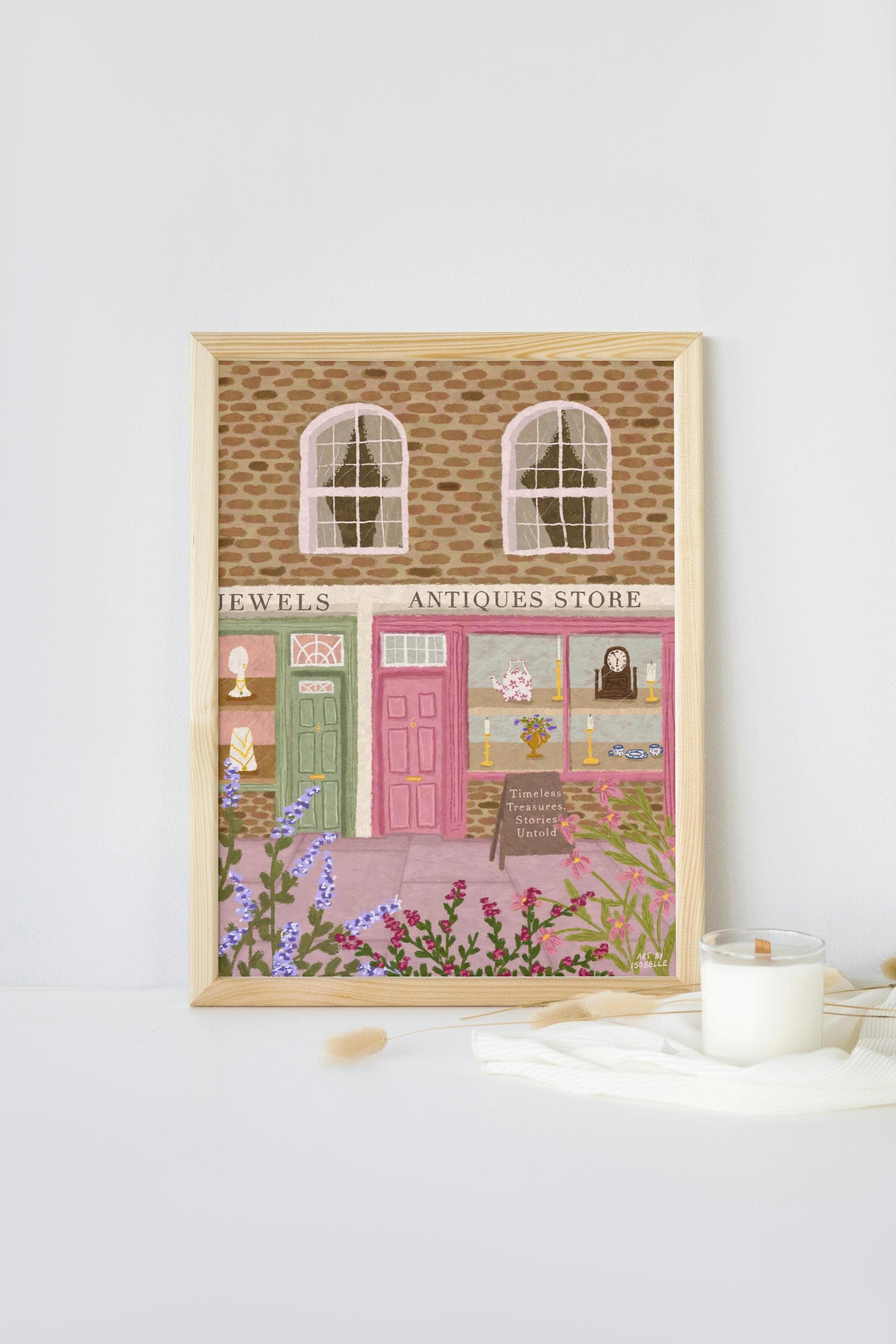 Antiques Store Print, Antiques Shop Art, Floral Art Print, Shop Front Art Print, Whimsical Art, Pink Art, Wall Art, Home Decor, Cosy Art