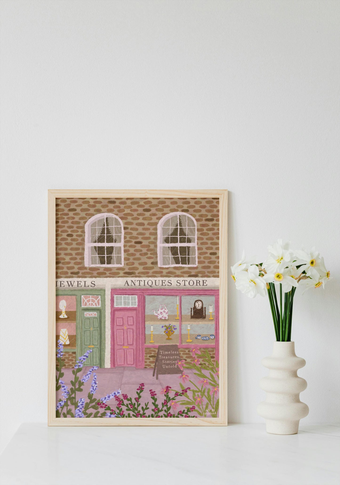 Antiques Store Print, Antiques Shop Art, Floral Art Print, Shop Front Art Print, Whimsical Art, Pink Art, Wall Art, Home Decor, Cosy Art