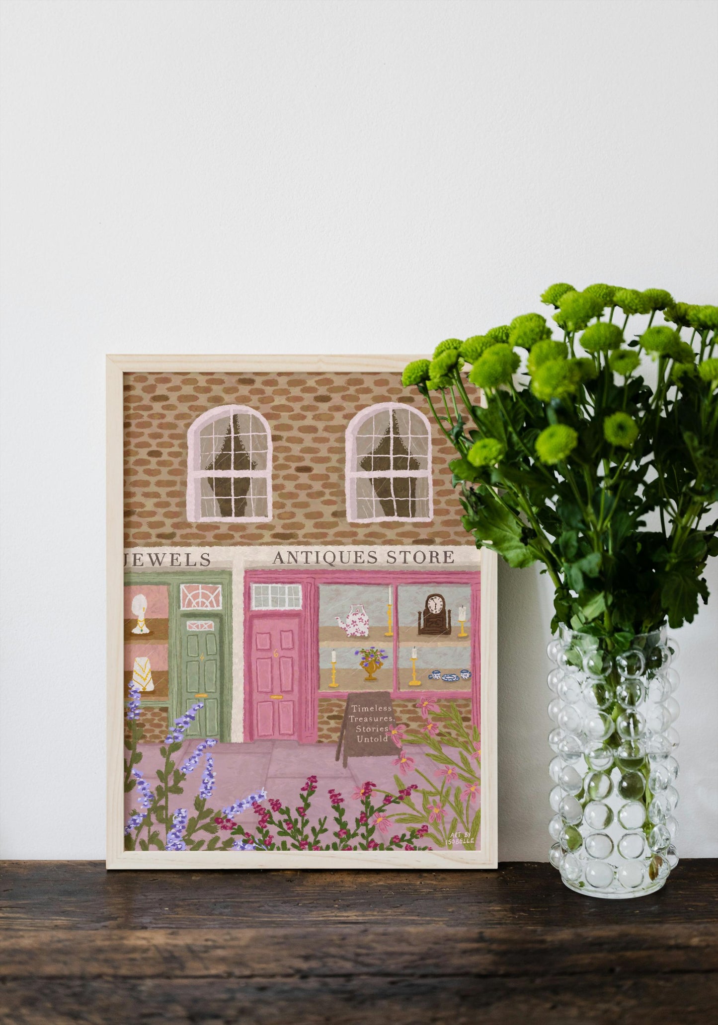 Antiques Store Print, Antiques Shop Art, Floral Art Print, Shop Front Art Print, Whimsical Art, Pink Art, Wall Art, Home Decor, Cosy Art