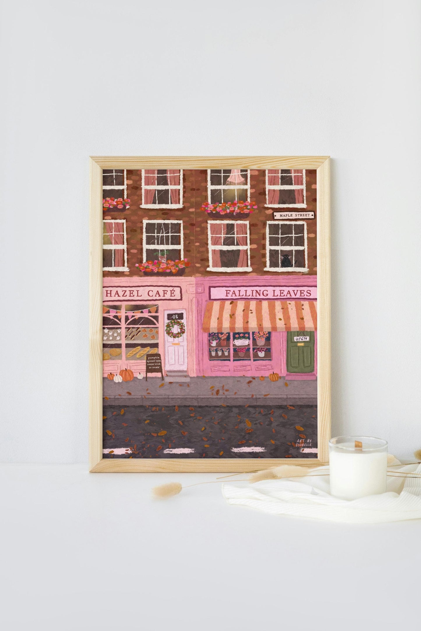 Autumn Street Print, Coffee Shop Print, Café Print, Halloween Print, Cosy Wall Art, Cafe Wall Art, Florist Print, Fall Art, Cosy Cafe