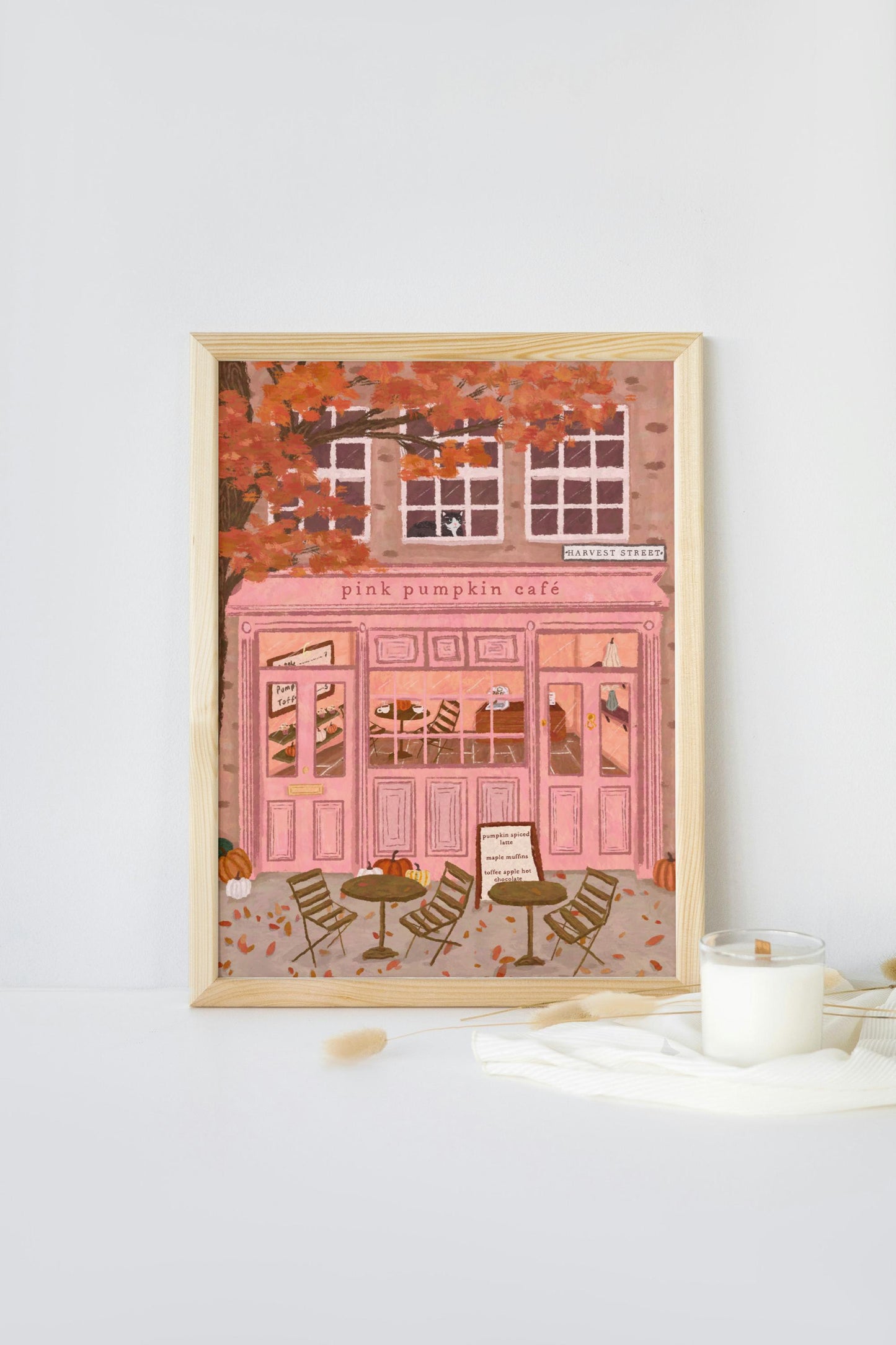 Pink Pumkin Café, Coffee Shop Print, Autumn Café Print, Halloween Print, Cosy Wall Art, Cafe Wall Art, Kitchen Wall Art, Fall Art, Cosy Cafe