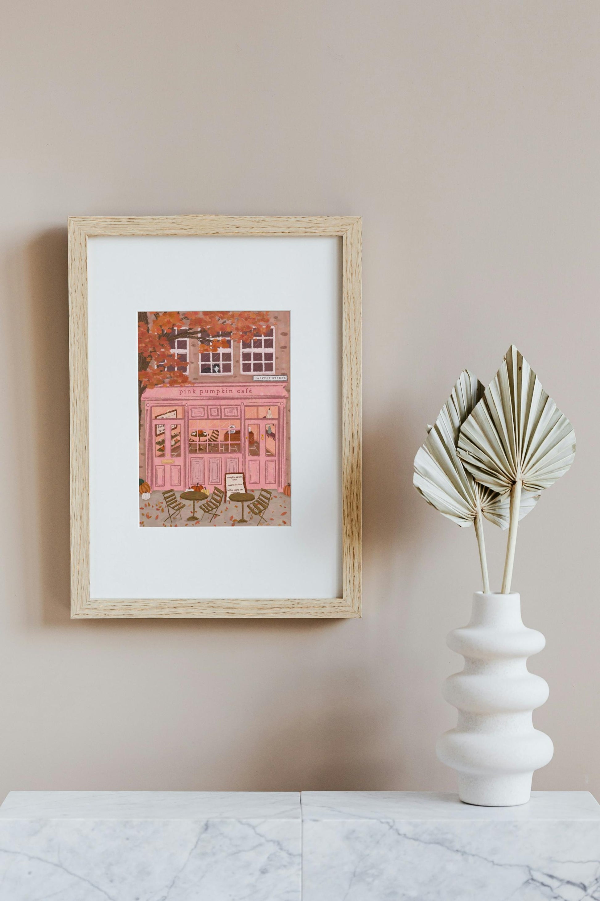 Pink Pumkin Café, Coffee Shop Print, Autumn Café Print, Halloween Print, Cosy Wall Art, Cafe Wall Art, Kitchen Wall Art, Fall Art, Cosy Cafe