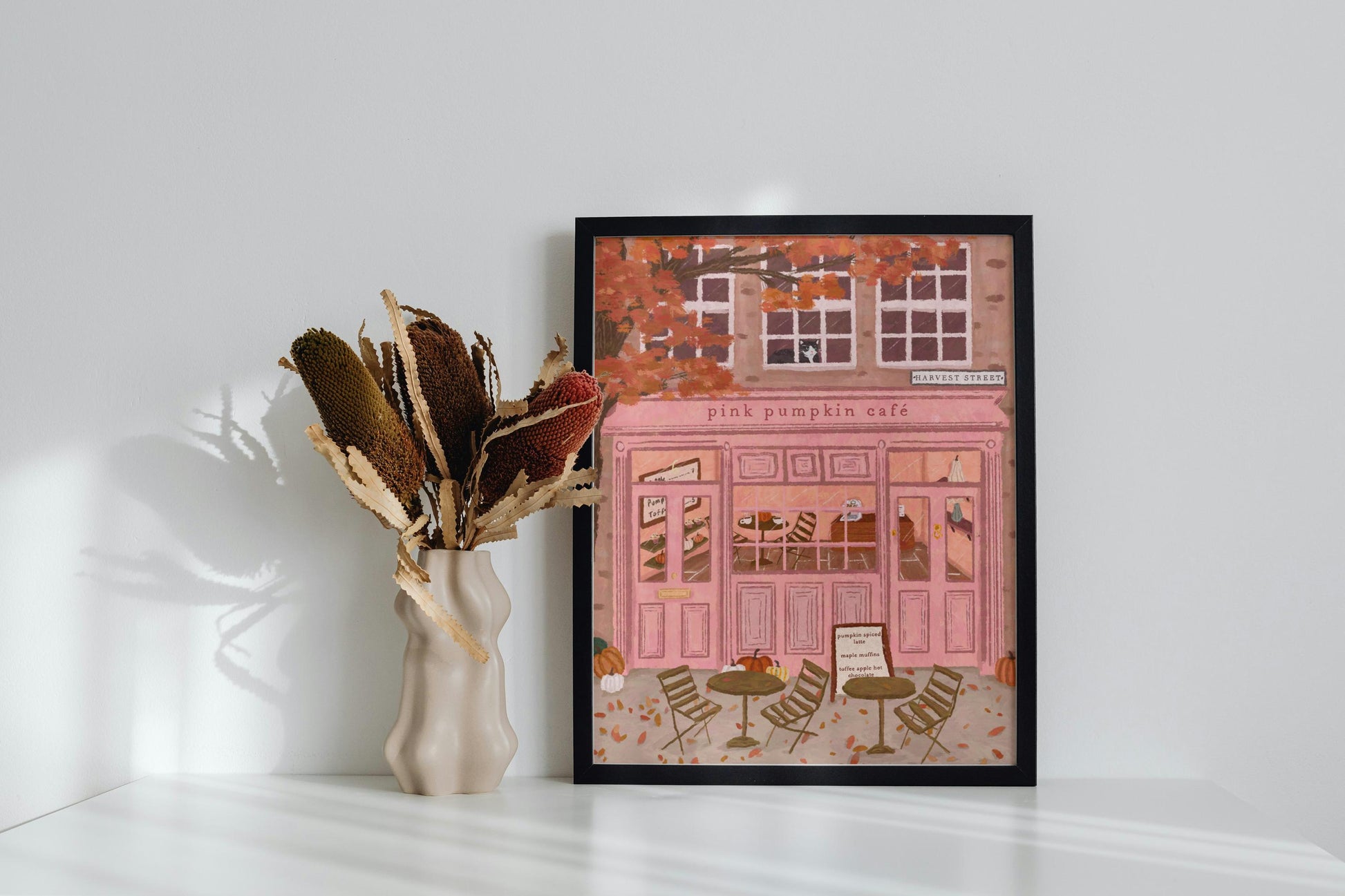 Pink Pumkin Café, Coffee Shop Print, Autumn Café Print, Halloween Print, Cosy Wall Art, Cafe Wall Art, Kitchen Wall Art, Fall Art, Cosy Cafe