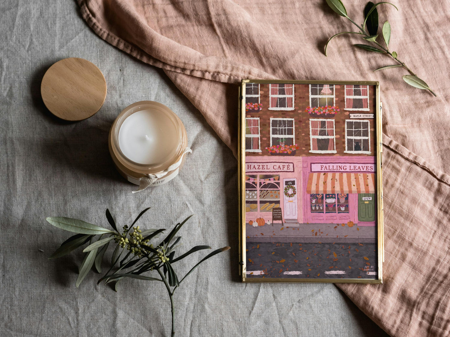 Autumn Street Print, Coffee Shop Print, Café Print, Halloween Print, Cosy Wall Art, Cafe Wall Art, Florist Print, Fall Art, Cosy Cafe