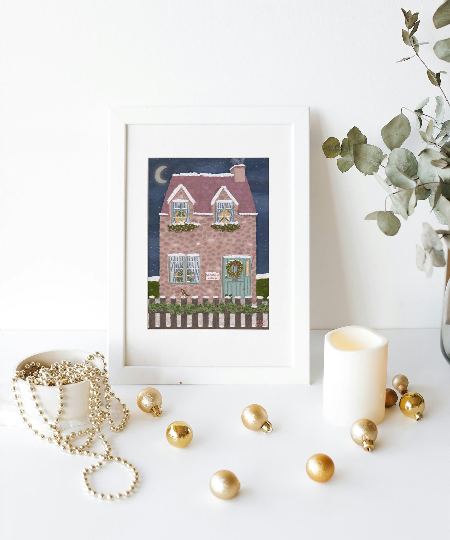 Christmas Cottage Garden Print, Cottagecore Print, English Cottage, Christmas Print, Winter Print, Cosy Home Decor, Whimsical Art